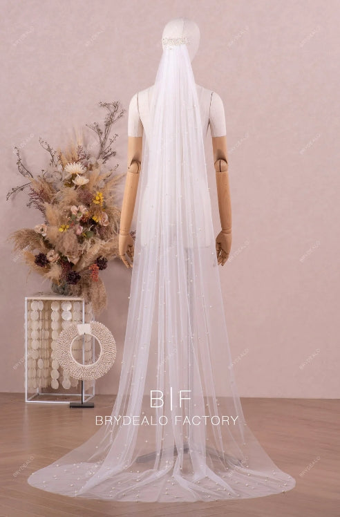 Custom Pearls Single Tier Beaded Edge Chapel Length Veil