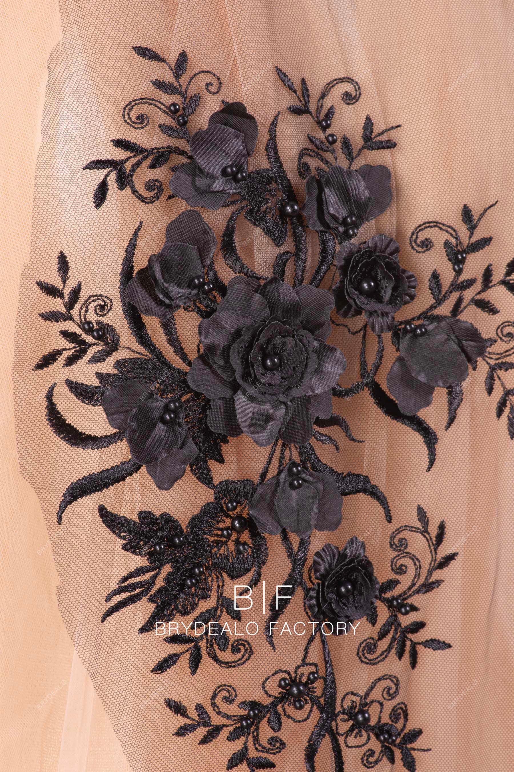 Pair of Black Flower Lace Appliques
