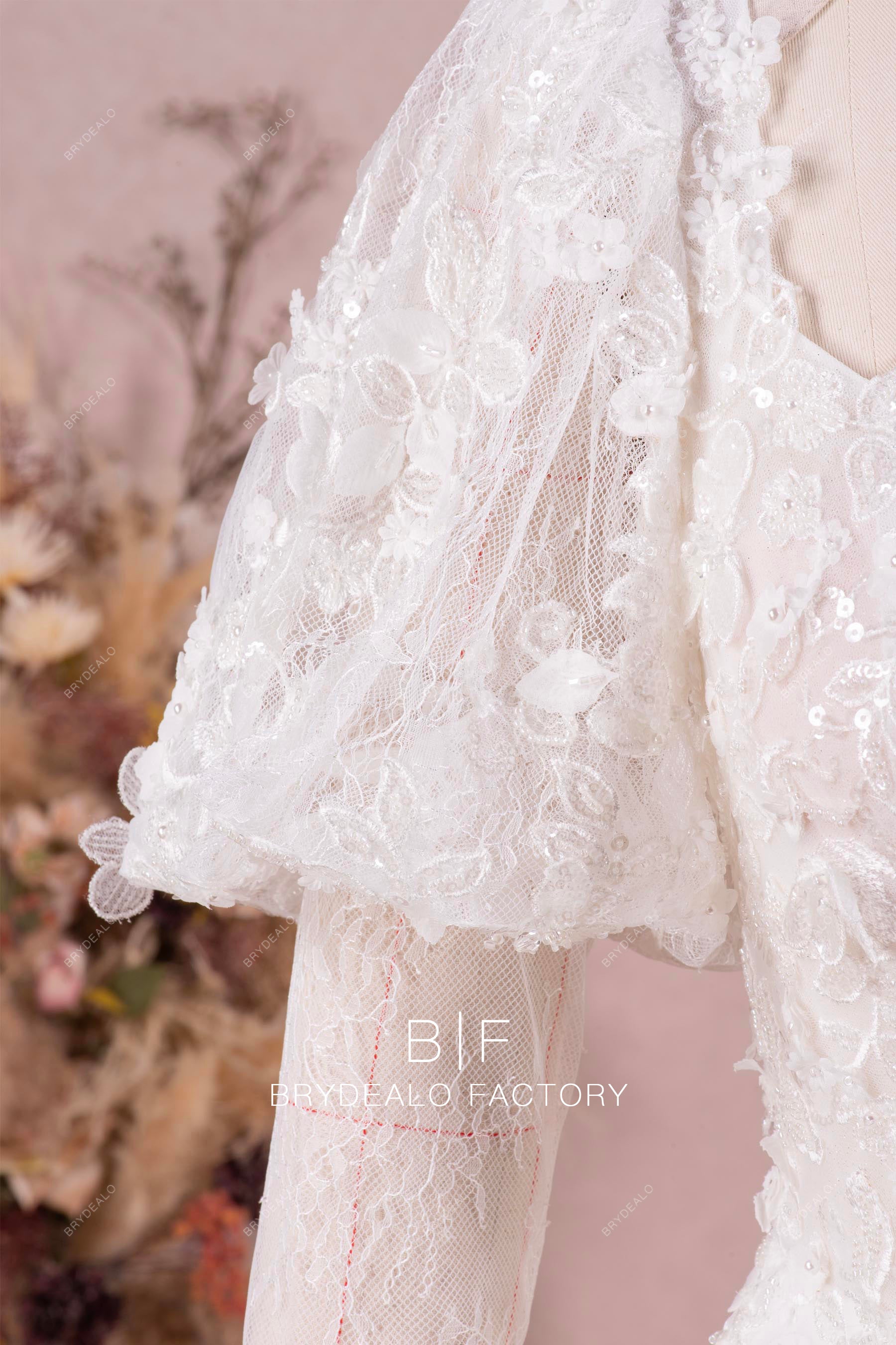 Private Label Beaded Lace Puffy Sleeves Custom Wedding Ball Gown