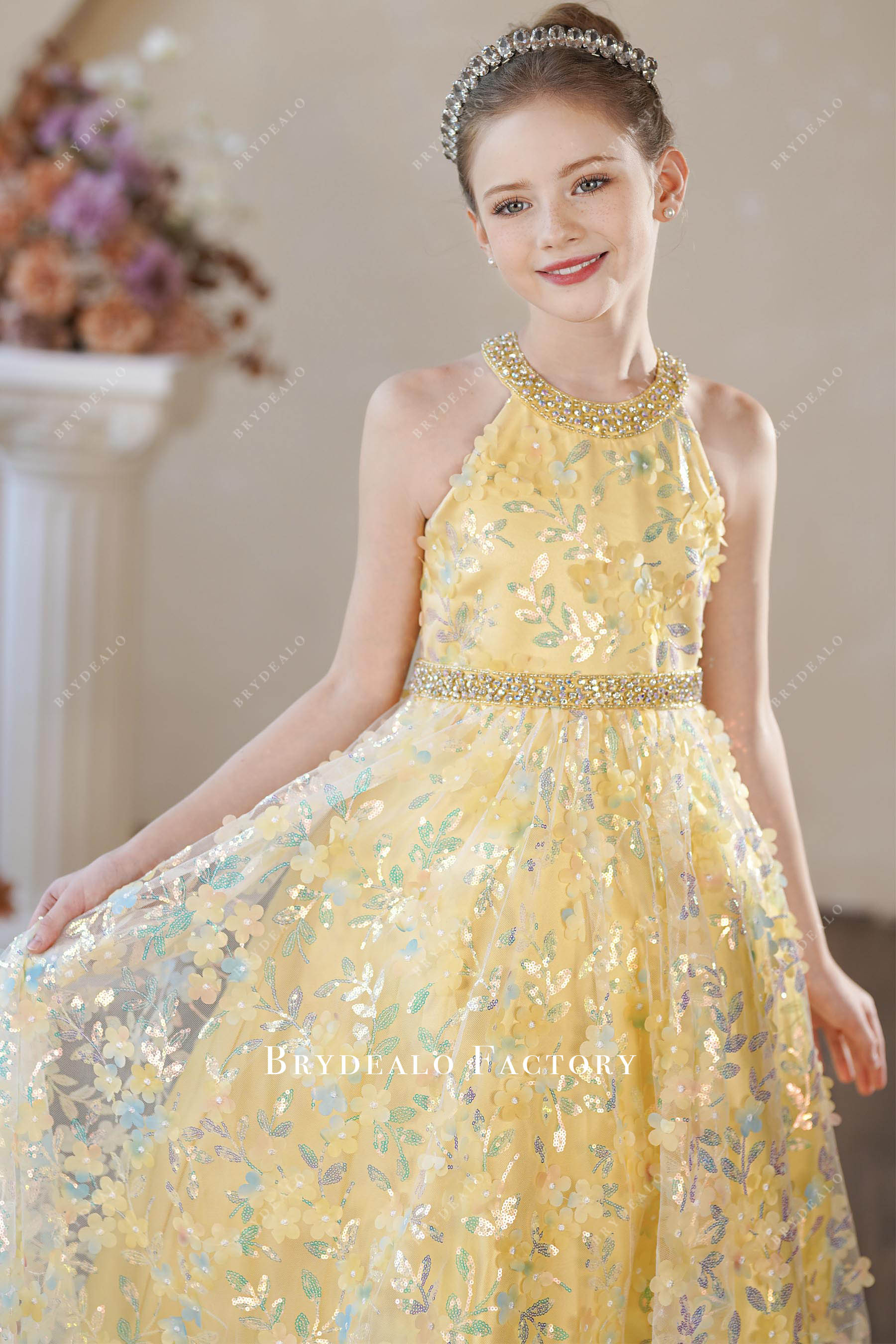 3D flower lace halter kids formal dress