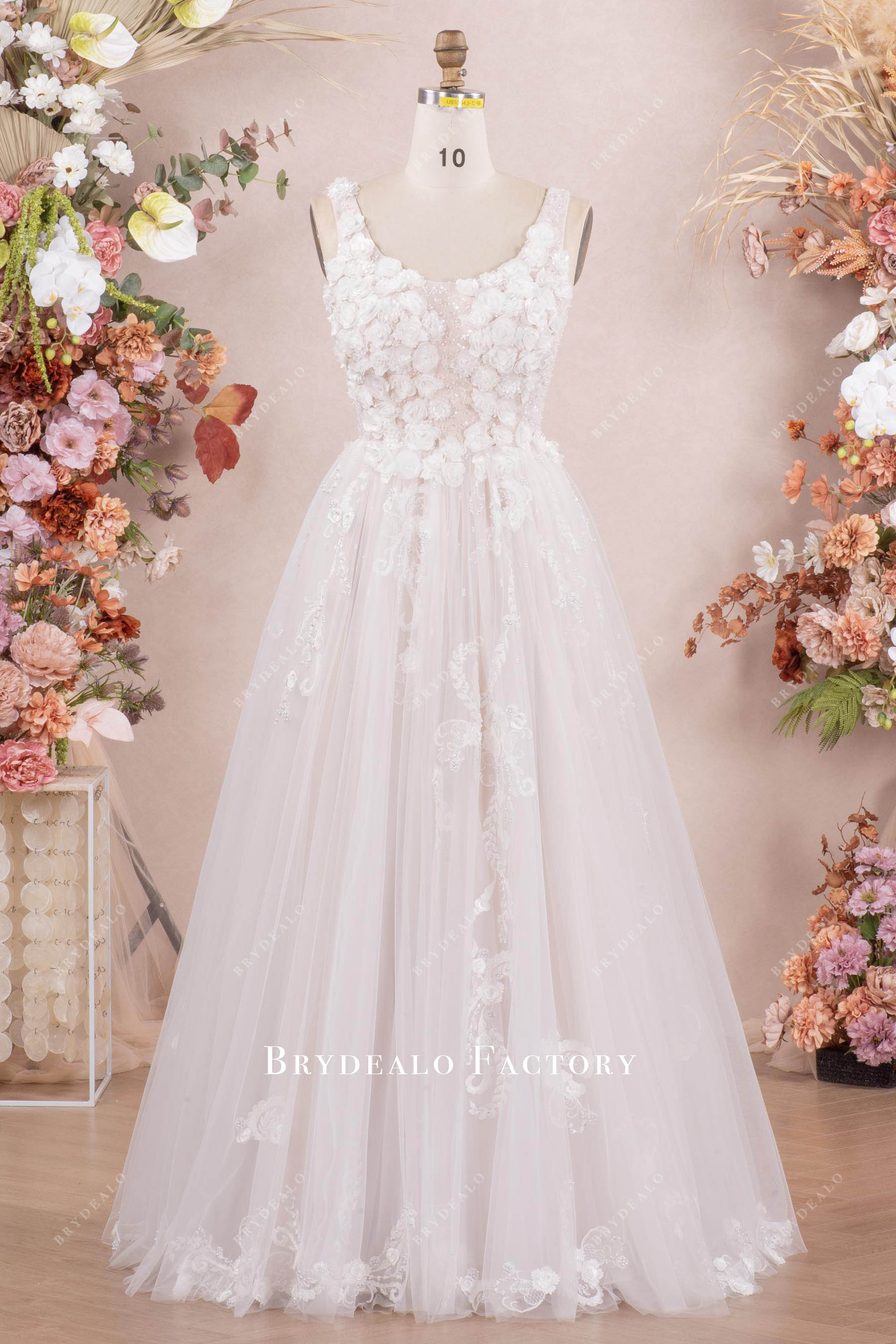 3D Flower Pearl Lace A-line Floor Length Wedding Dress