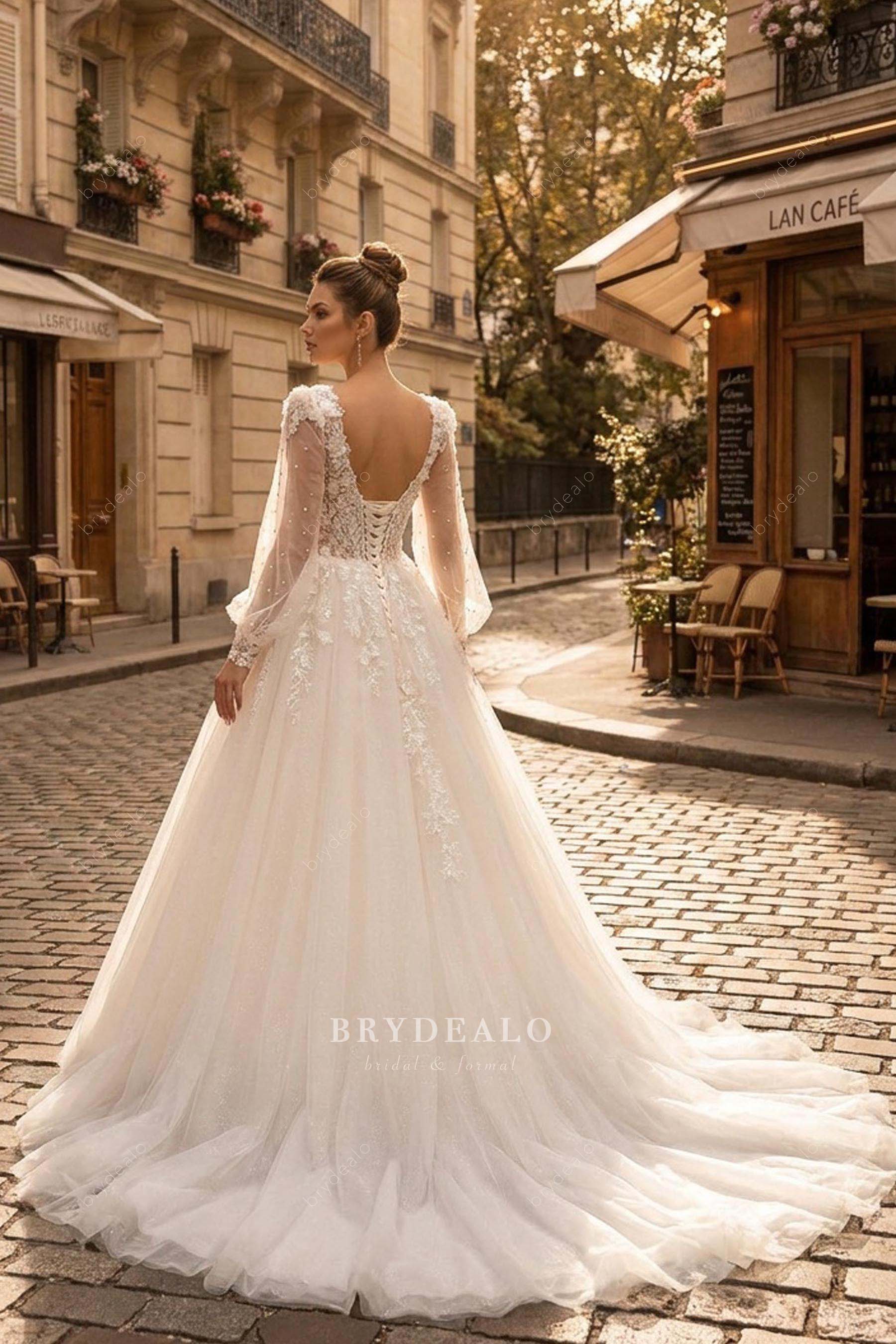 3D flower lace shimmery wedding dress