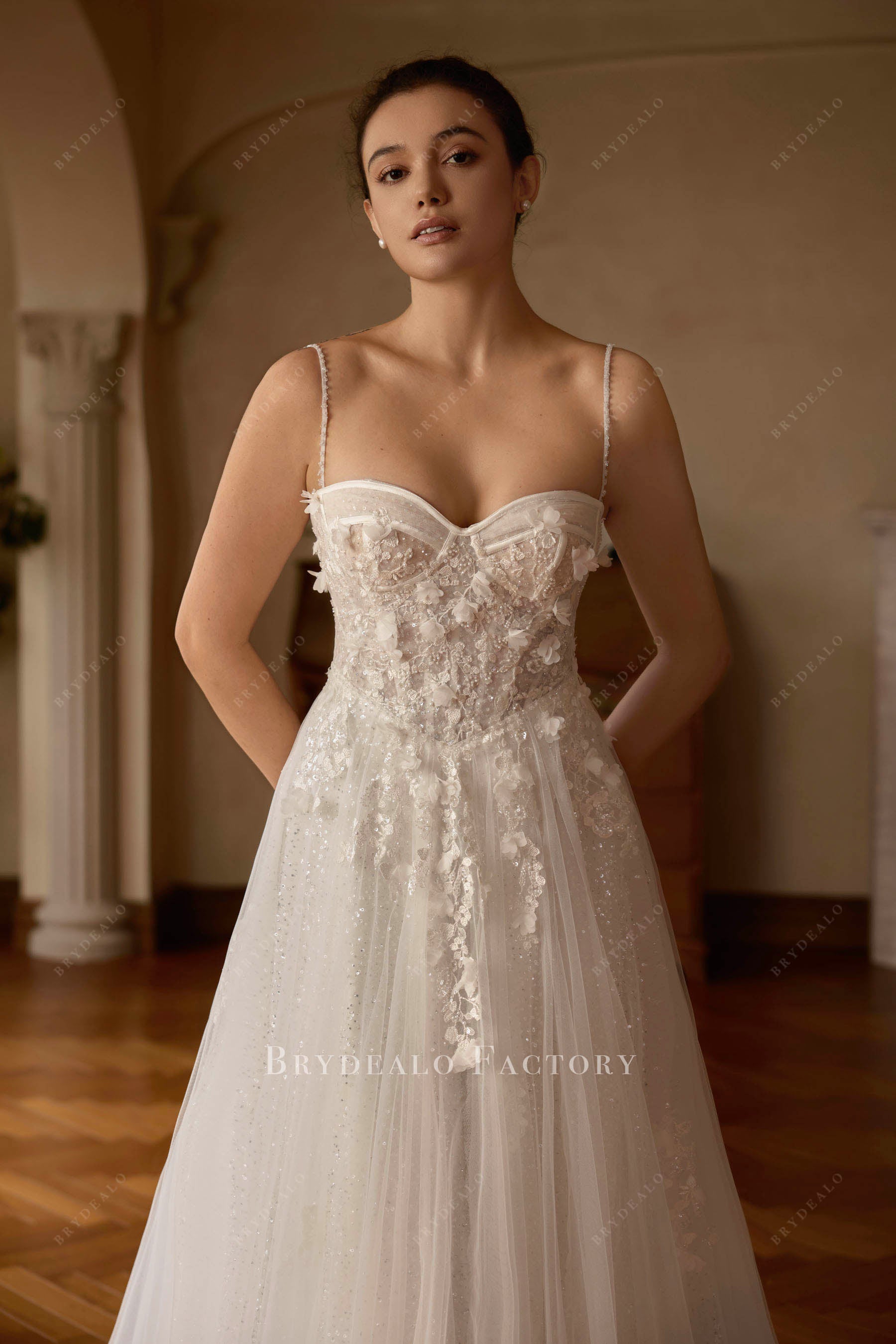 Corset 3D Flower Lace Sparkly Tulle Aline Wedding Dress