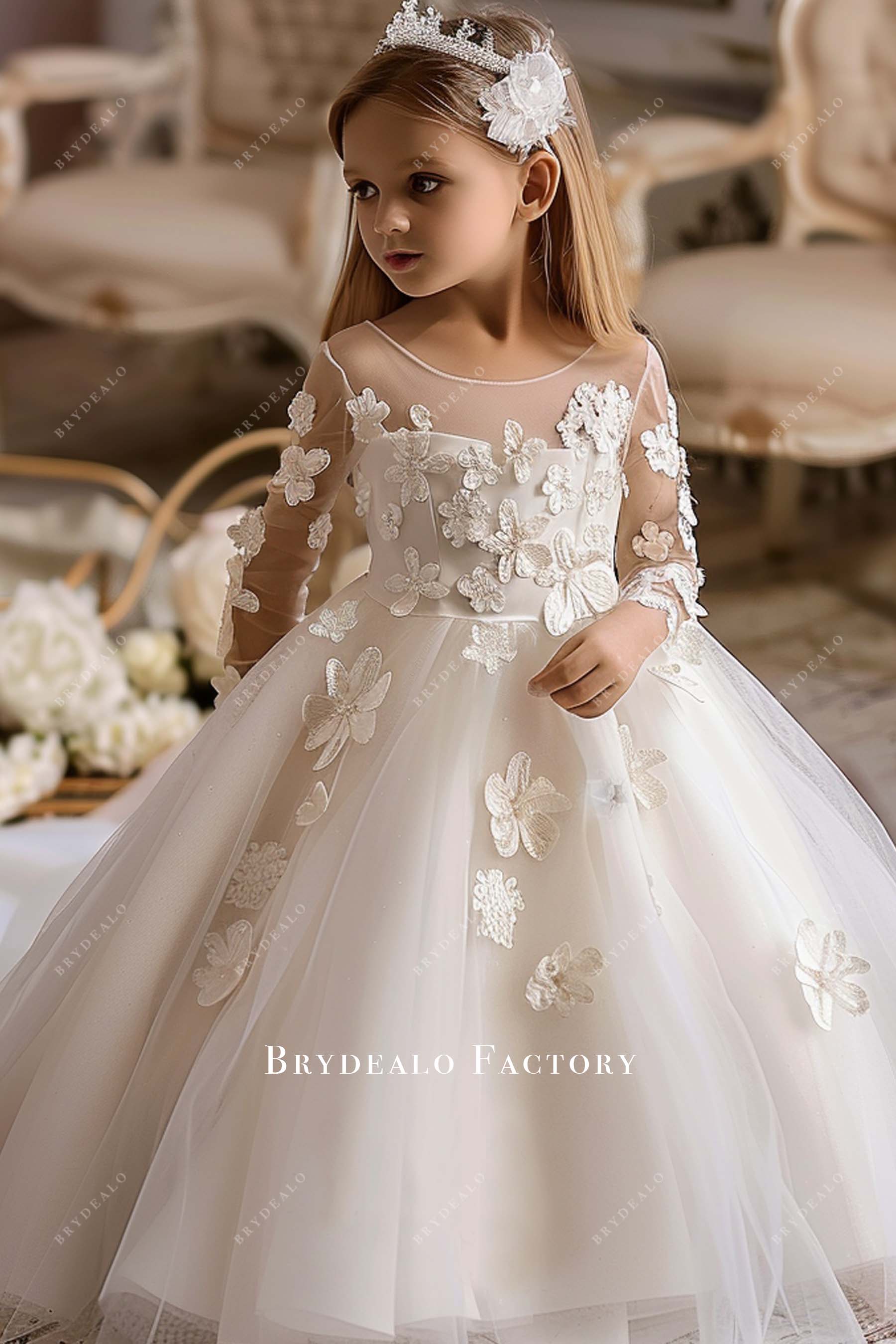 Romantic Flowers Floor Length Boat Neck Toddler Girl Ball Gown