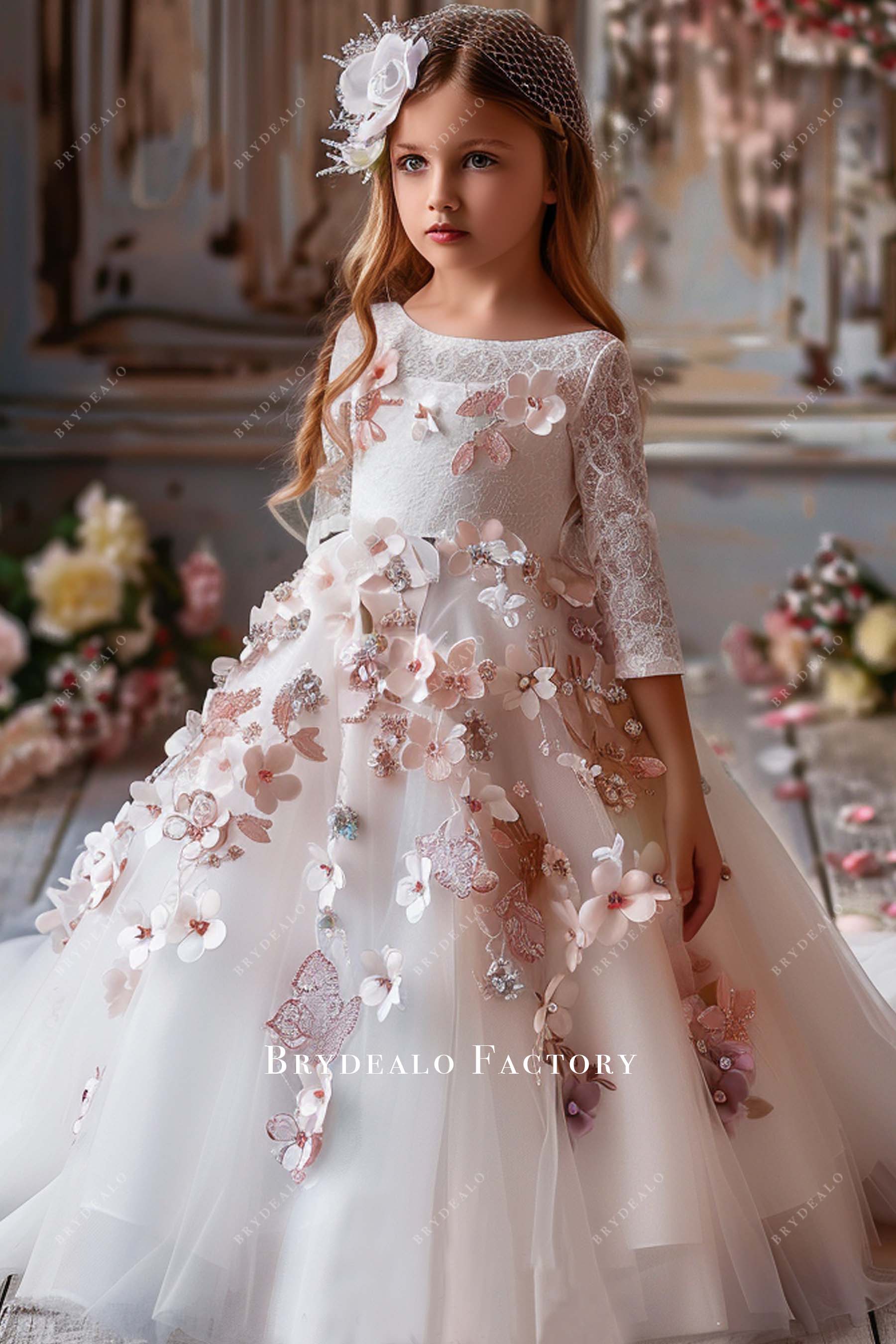 Fairy 3D flowers 3/4 Sleeve Lace Tulle Little Girl Ball Gown