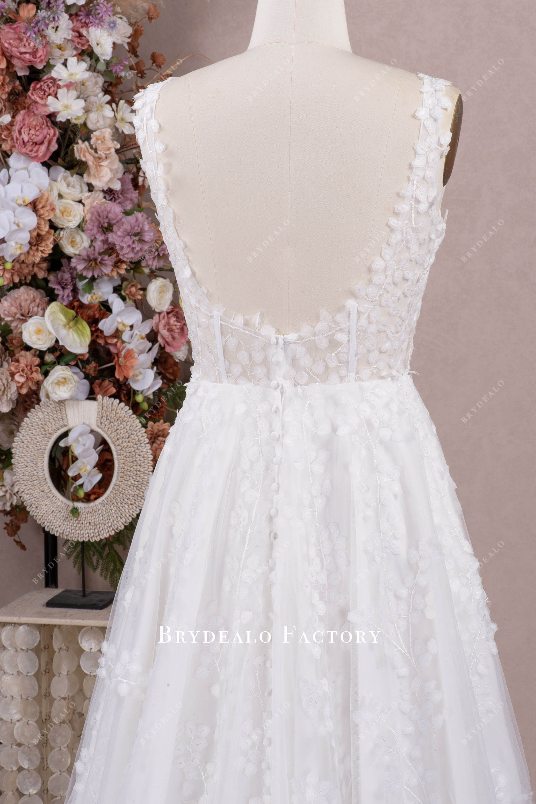 3D leaf lace open back wedding gown