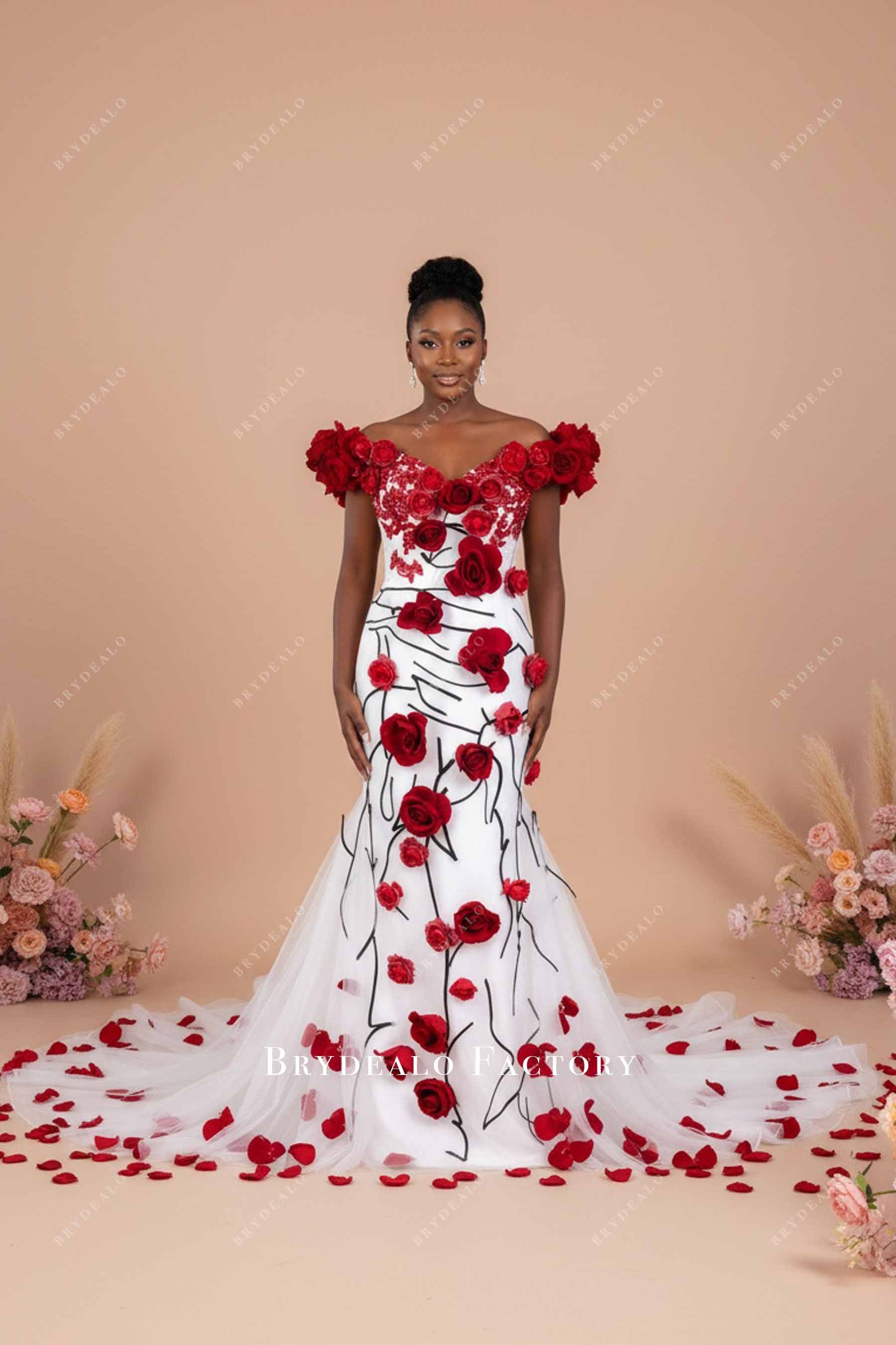 Unique Red Rose White Mermaid Wedding Dress