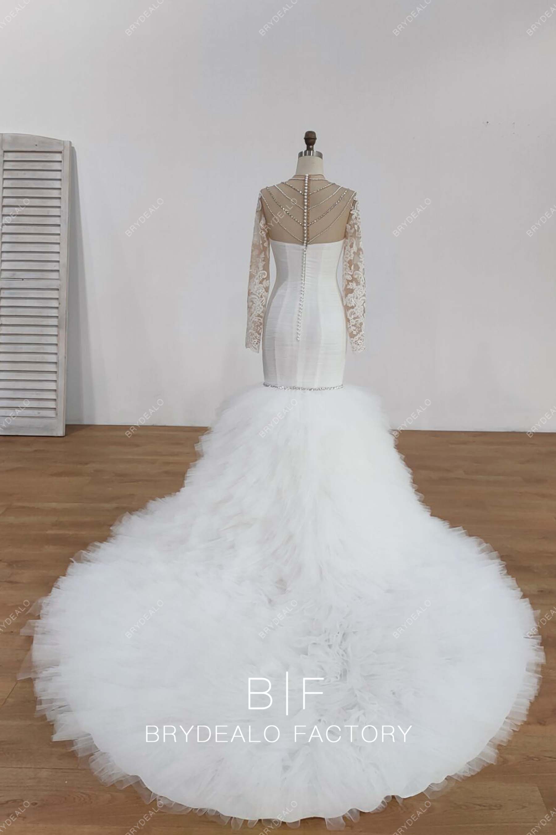 illusion back long train trumpet wedding gown