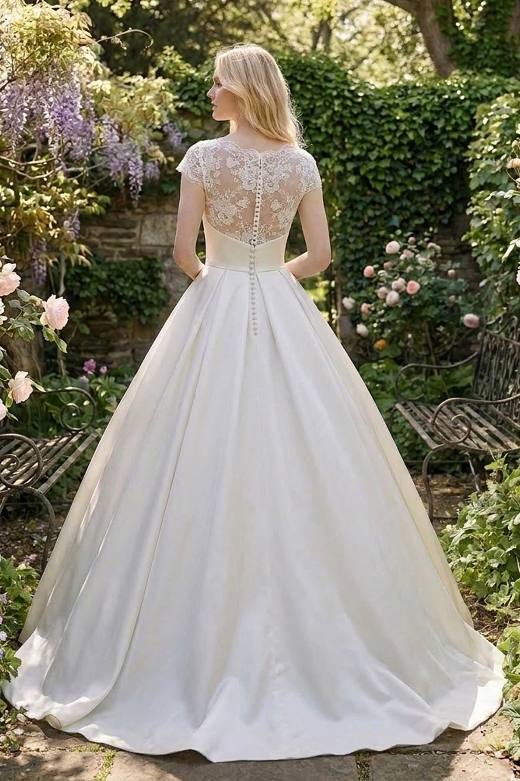 Scalloped Lace V-neck Satin Ballgown Wedding Dress