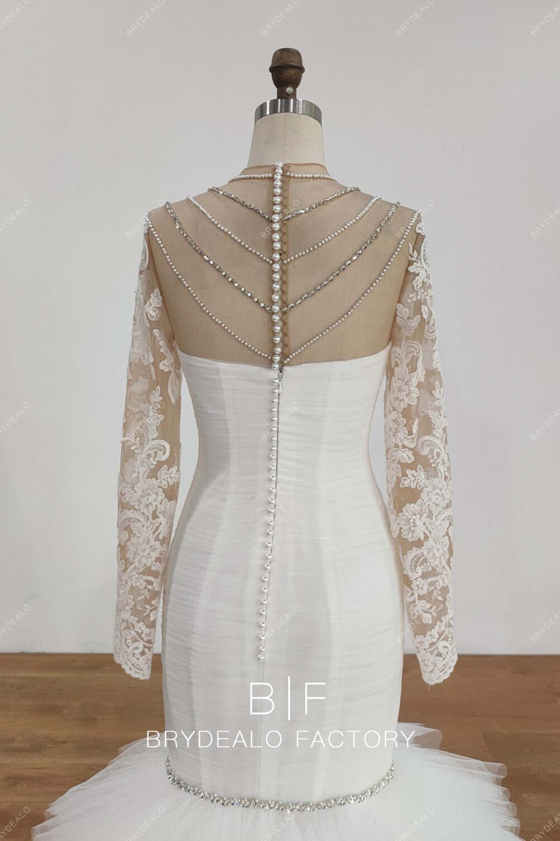 rhinestoned illusion back sheer long sleeves wedding gown