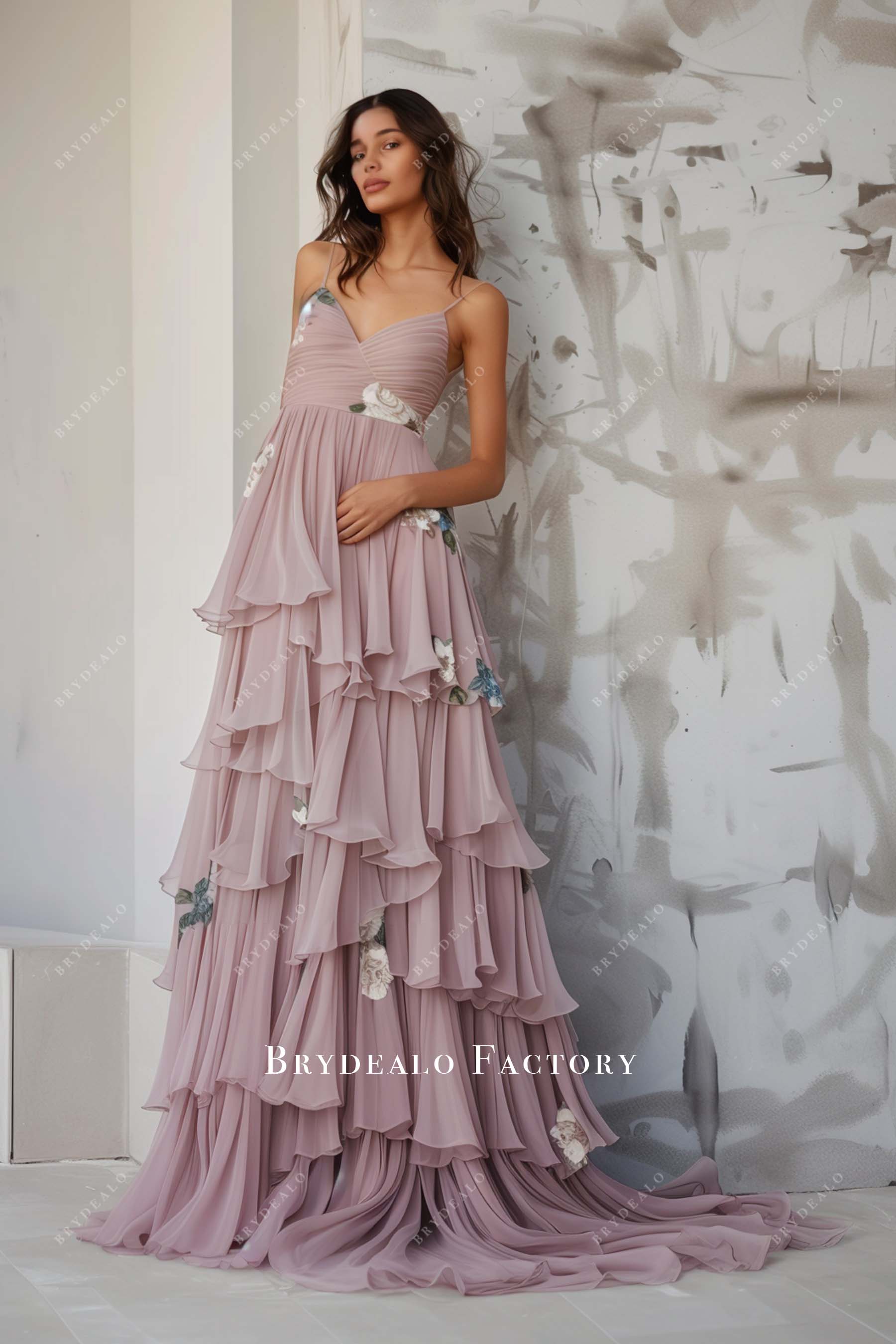 Tiered Ruffles Spaghetti Straps Print Chiffon Bridesmaid Dress