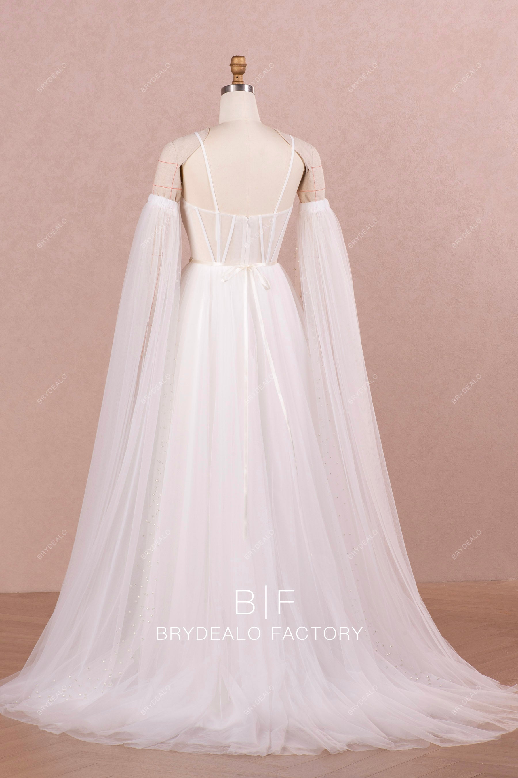 A-line tulle wedding dress with long pearl sleeves