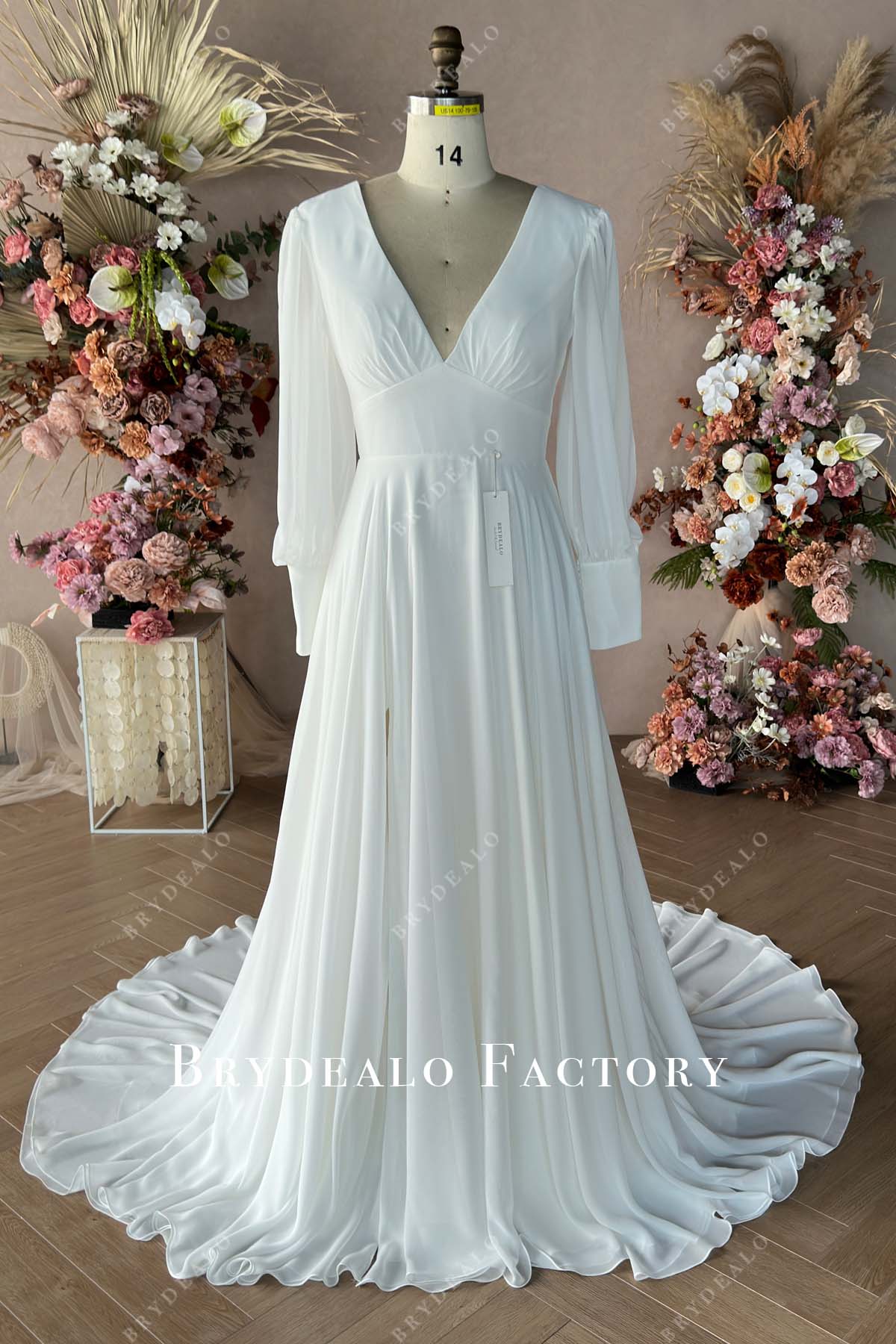 Private Label Custom Chiffon Empire Bishop Sleeve A-Line Bridal Dress Red
