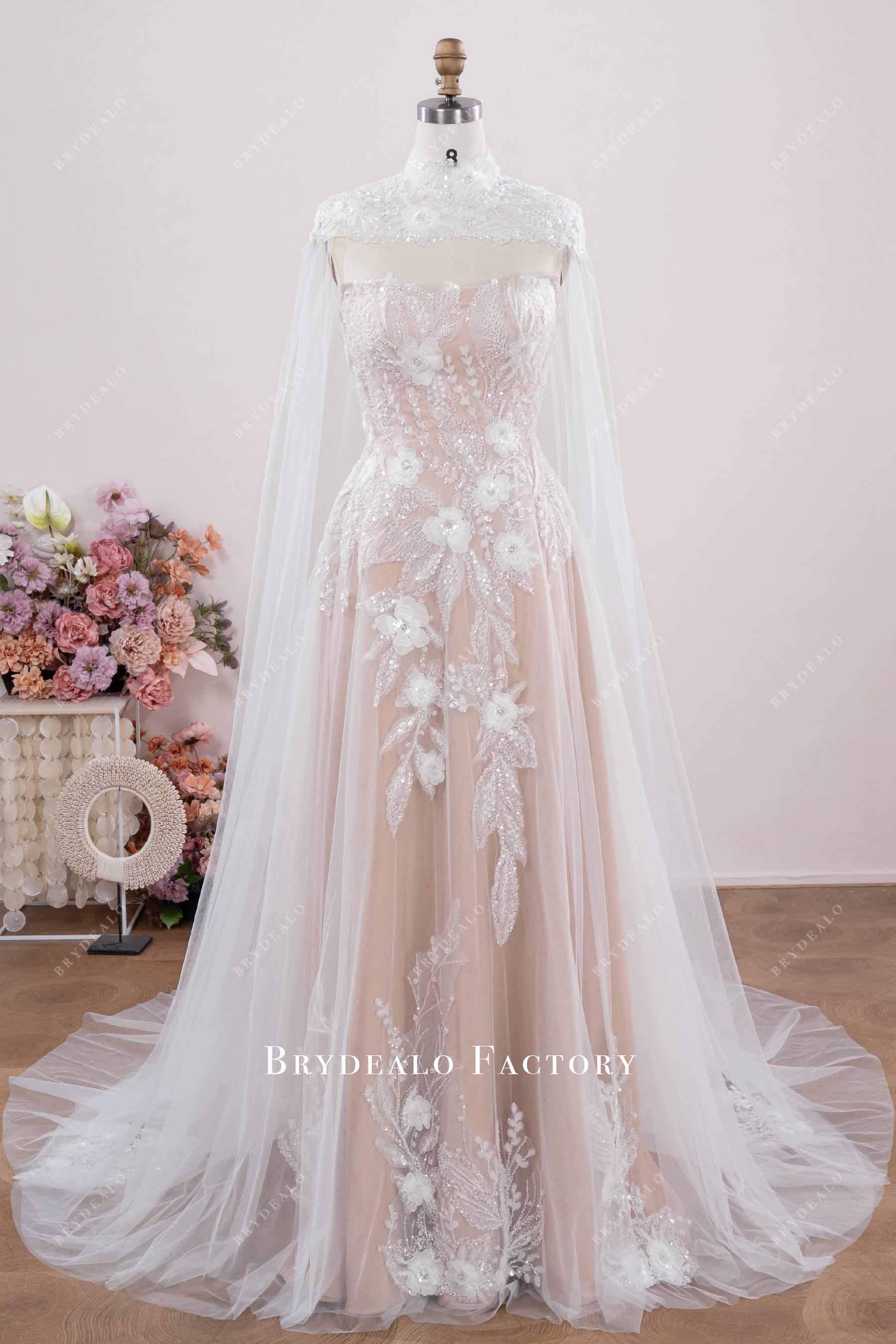 A-line cape wedding -dress