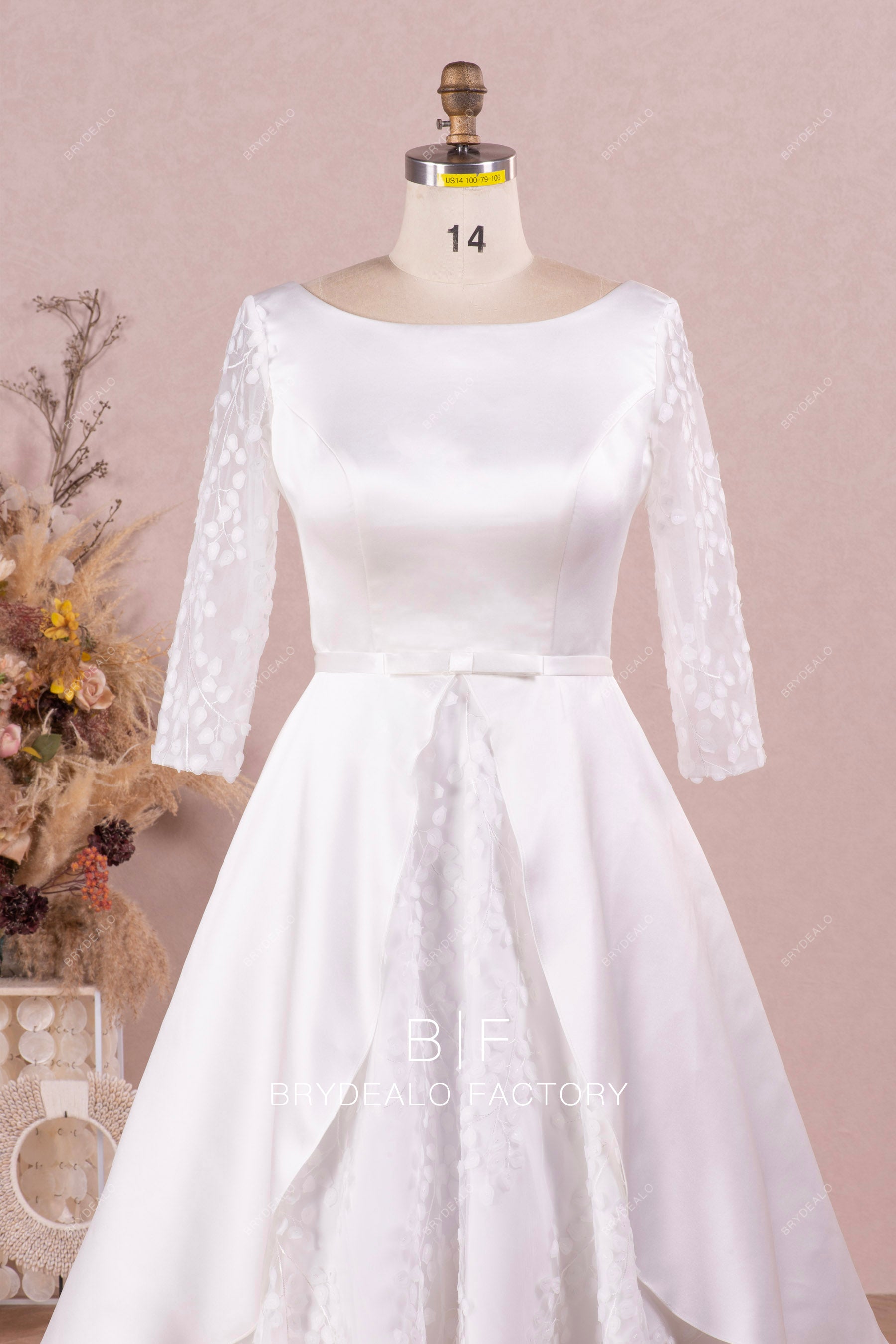 bateau neck 3/4 sleeves wedding dress