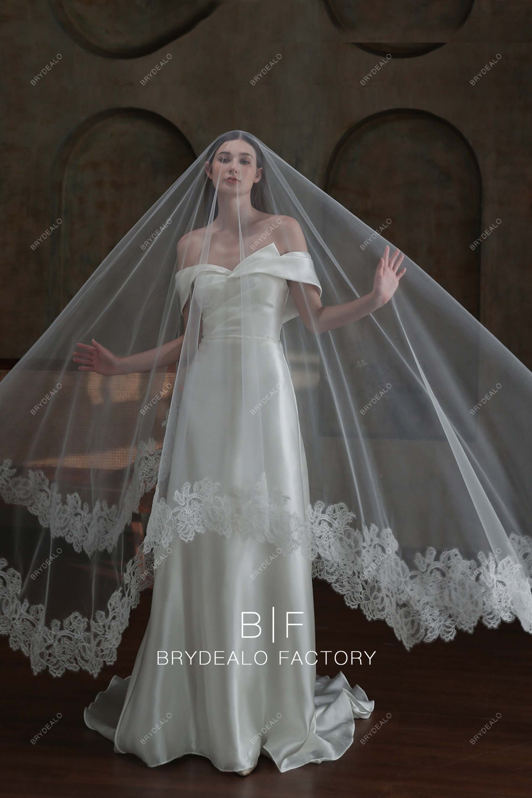 Retro Lace Cathedral Length Wholesale Royal Wedding Veil