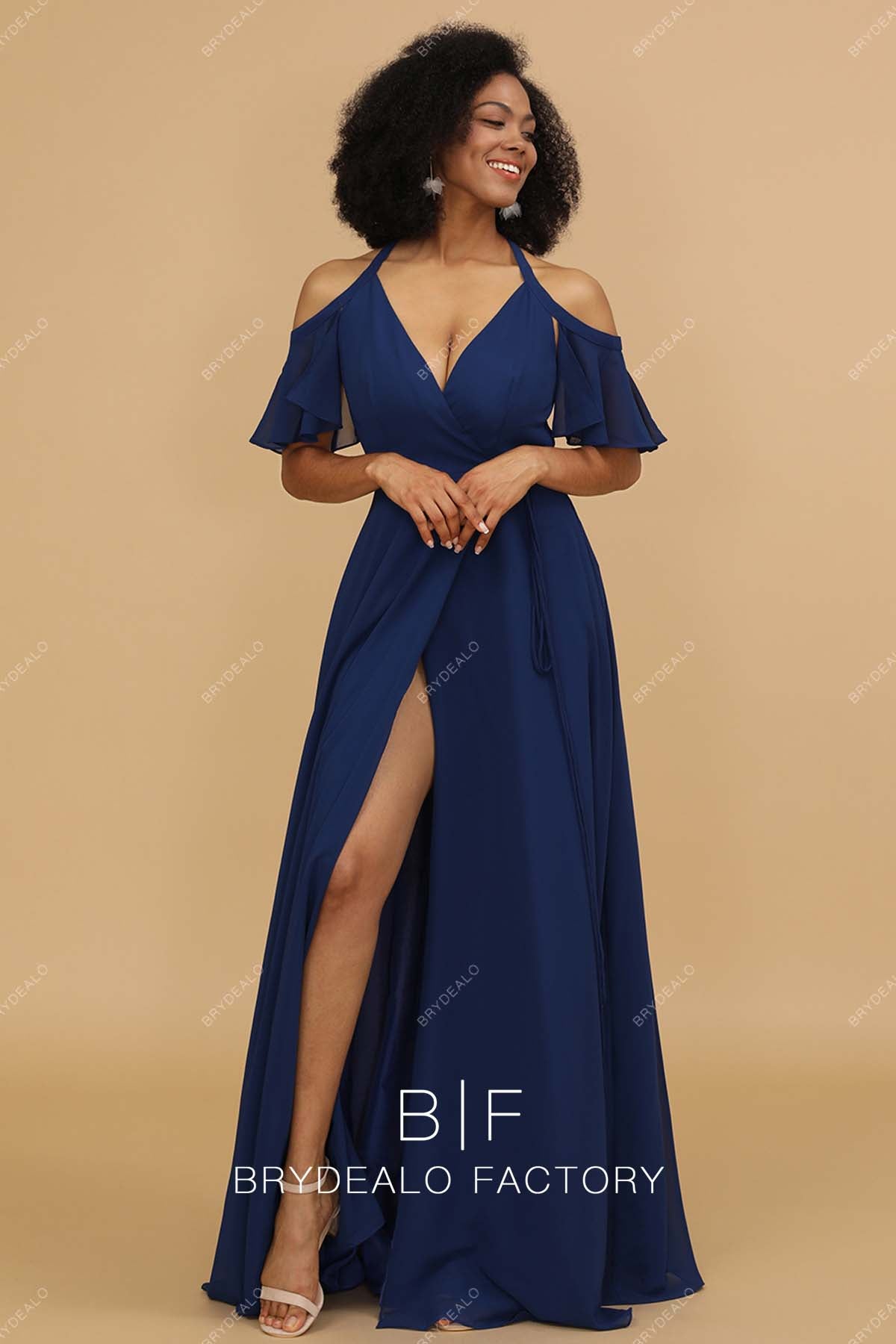 Navy Flutter Cold Shoulder Chiffon Slit Wrap Bridesmaid Dress