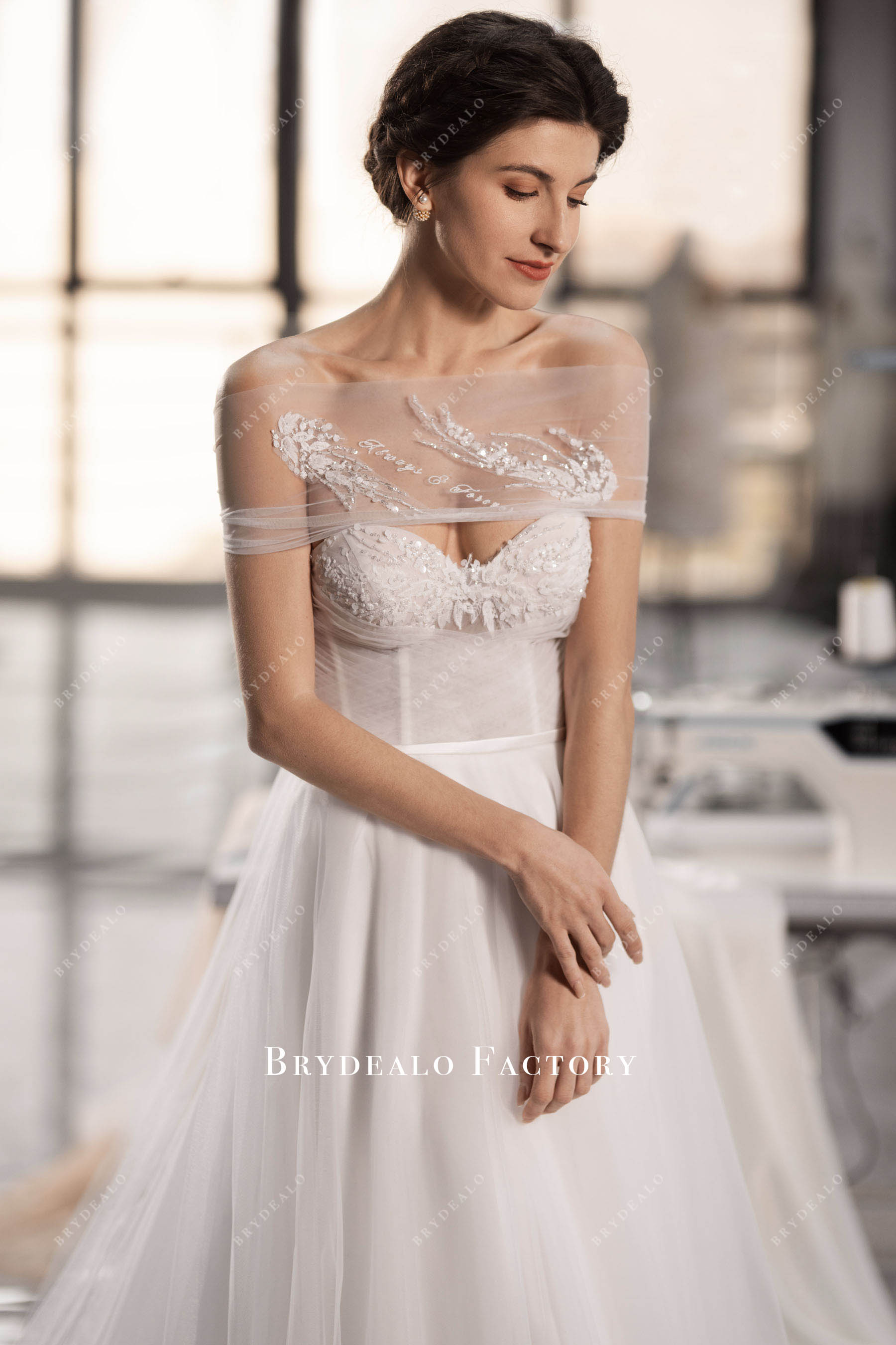 embroidered letter wrap wedding dress