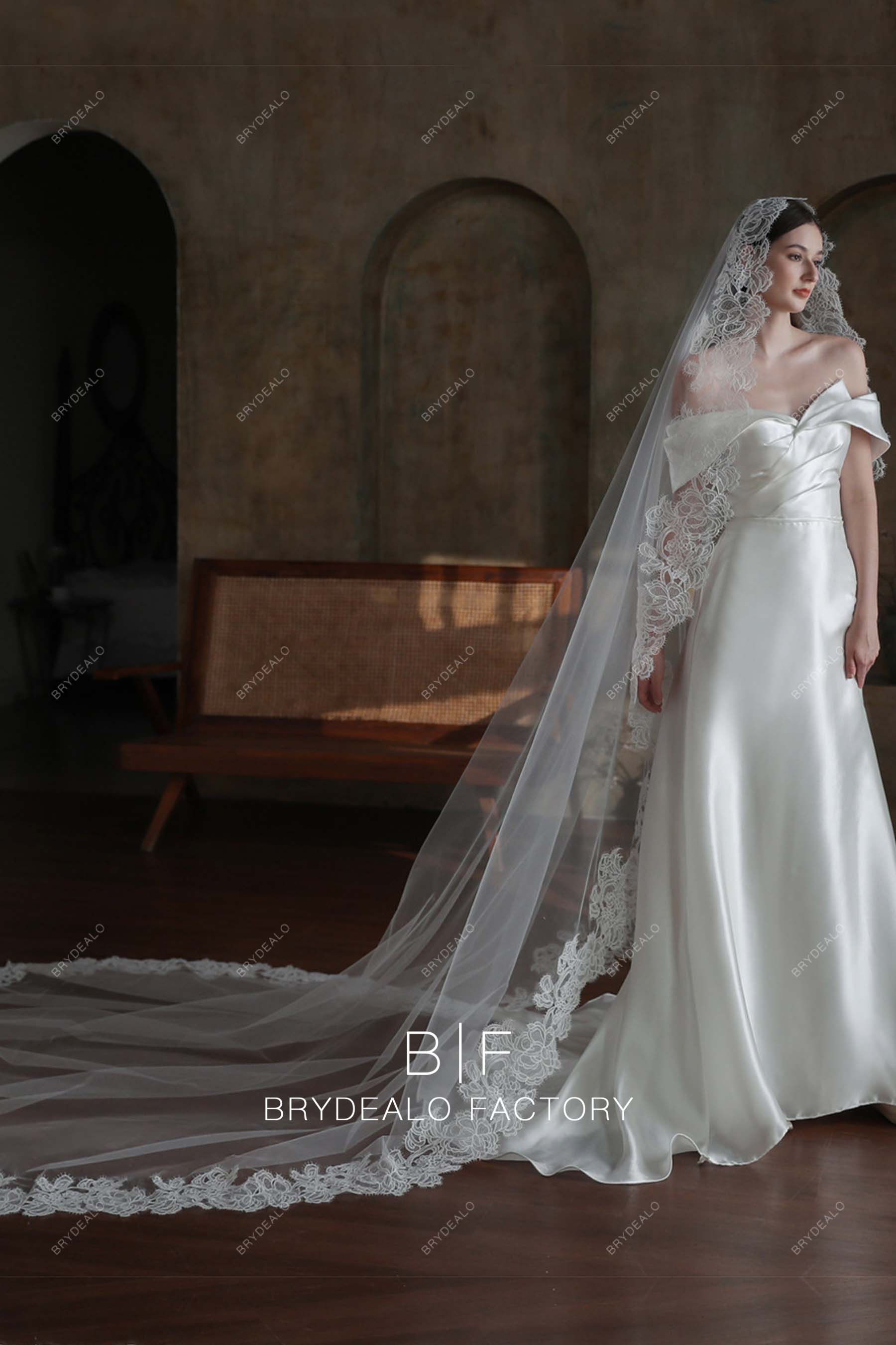 Vintage Lace Cathedral Length Wholesale Royal Wedding Veil