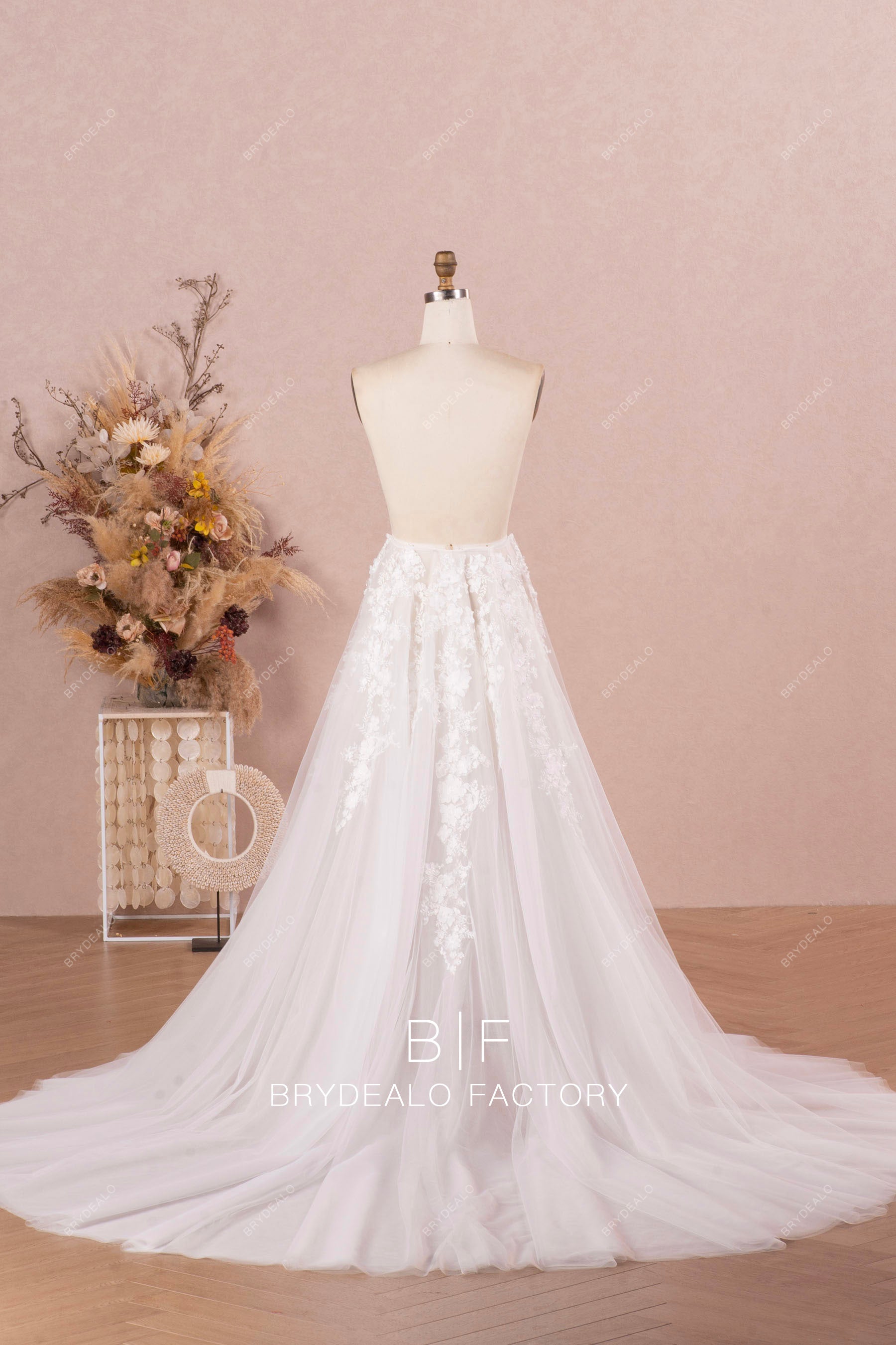 long detachable flower tulle overskirt