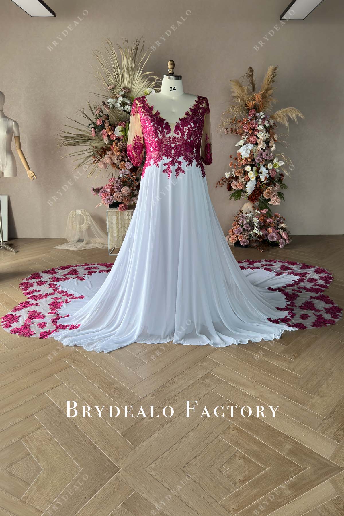 Private Label Custom Boho Lace V-neck Chiffon A-line Wedding Dress