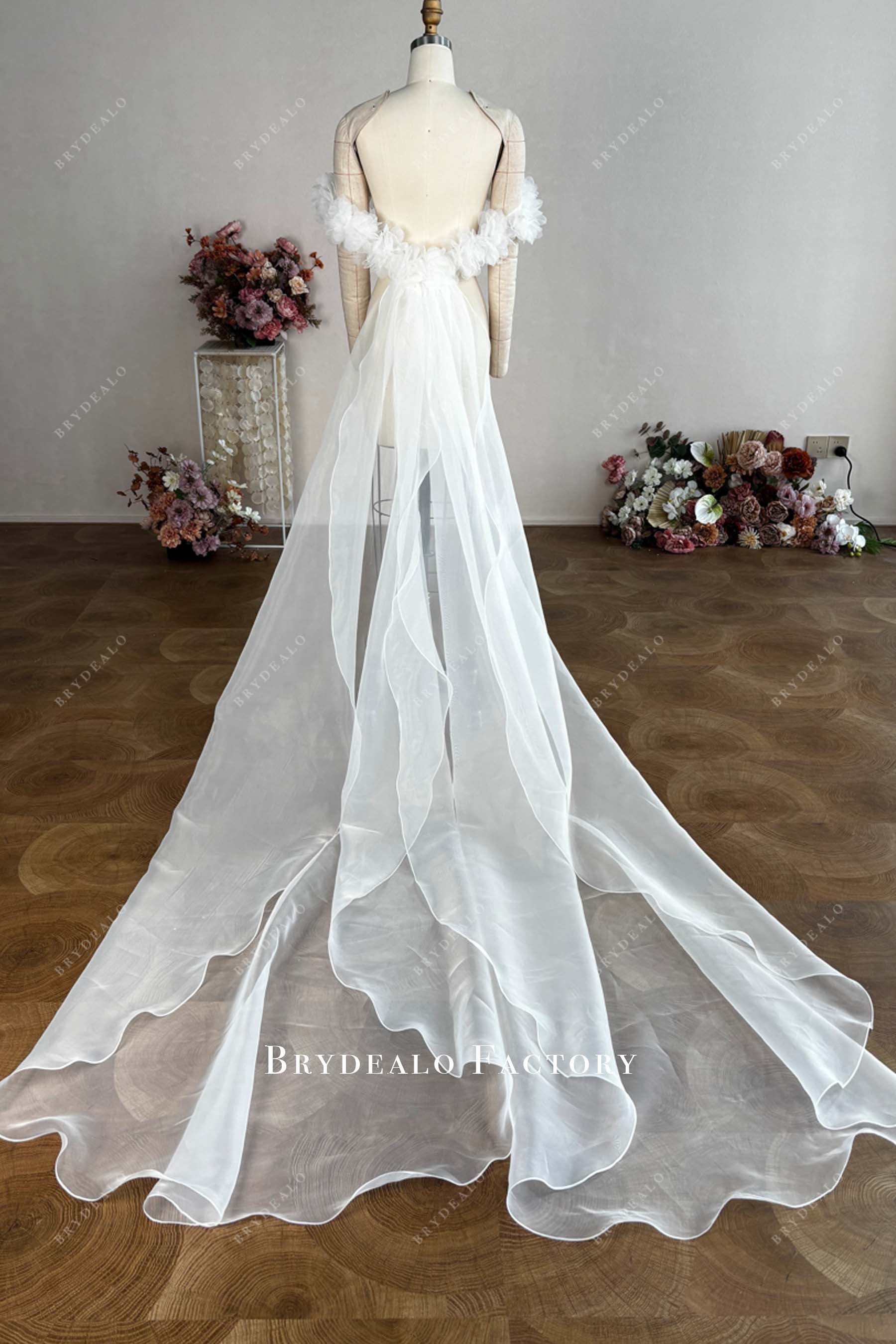 organza boa shrug floral detachable train