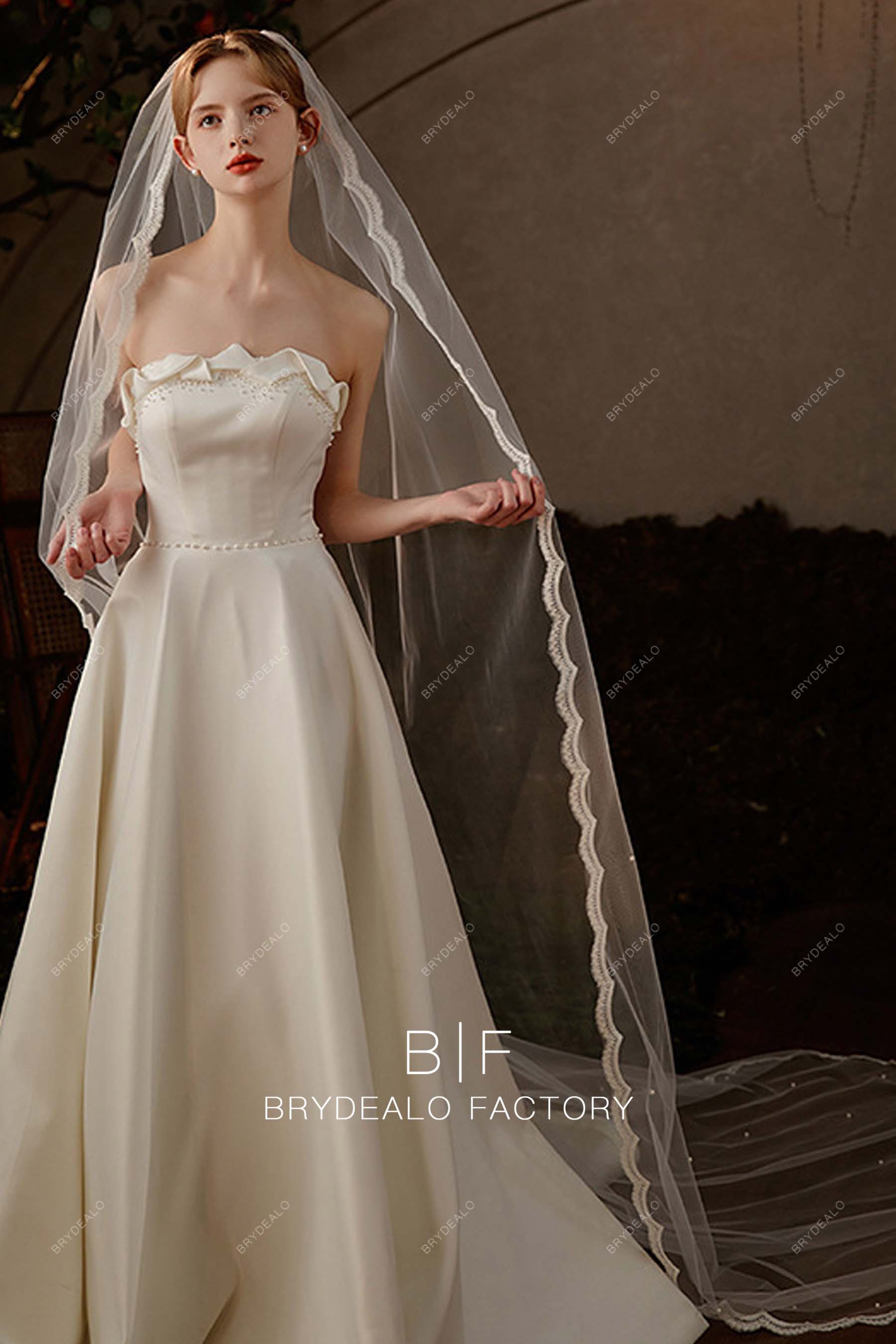 Pearls Silk Tulle Wedding Veil 1/ Single Tier Tulle Veil 