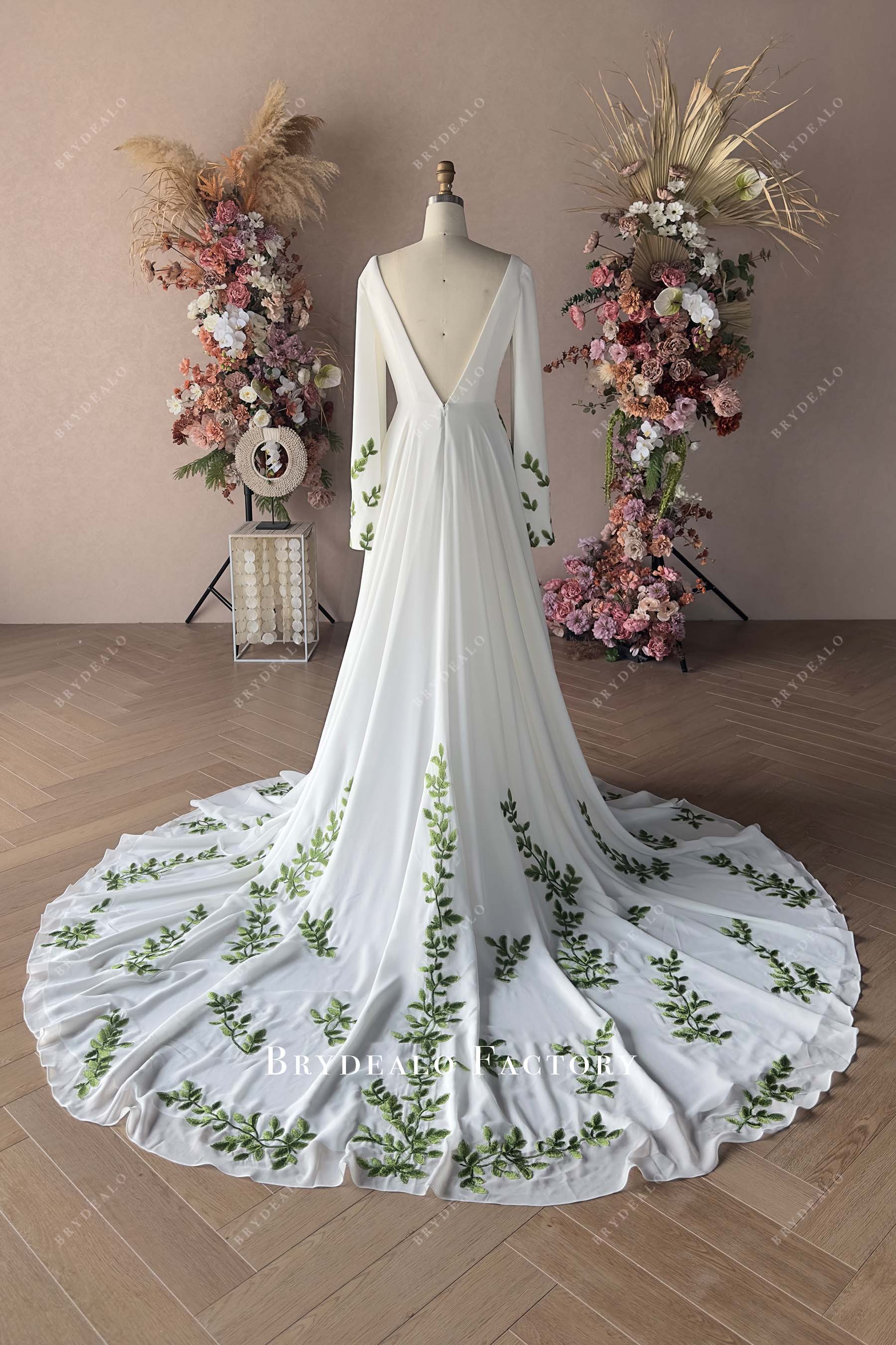 V back A-line chapel train tailored bridal dress