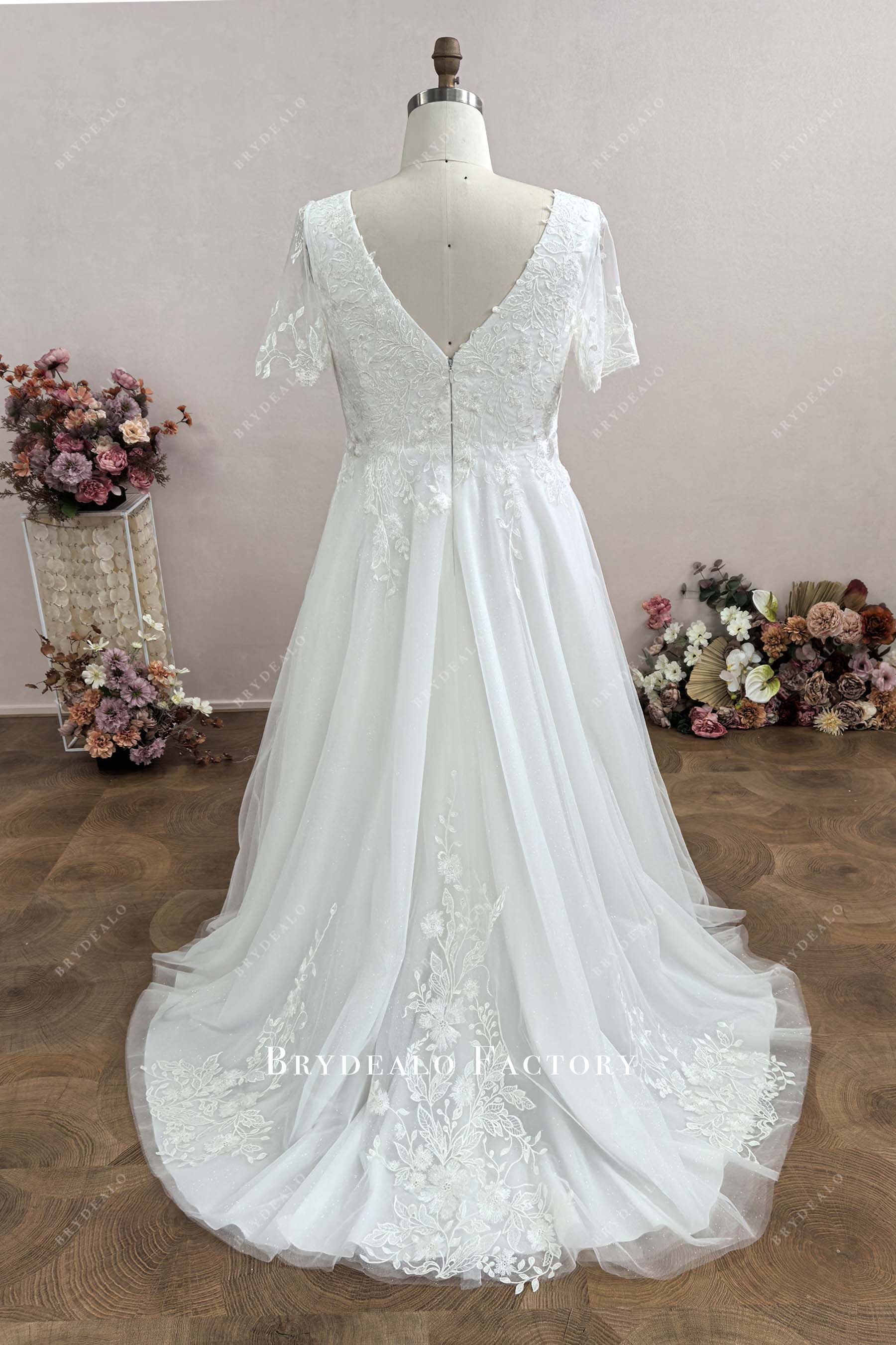 V-back court train A-line wedding dress