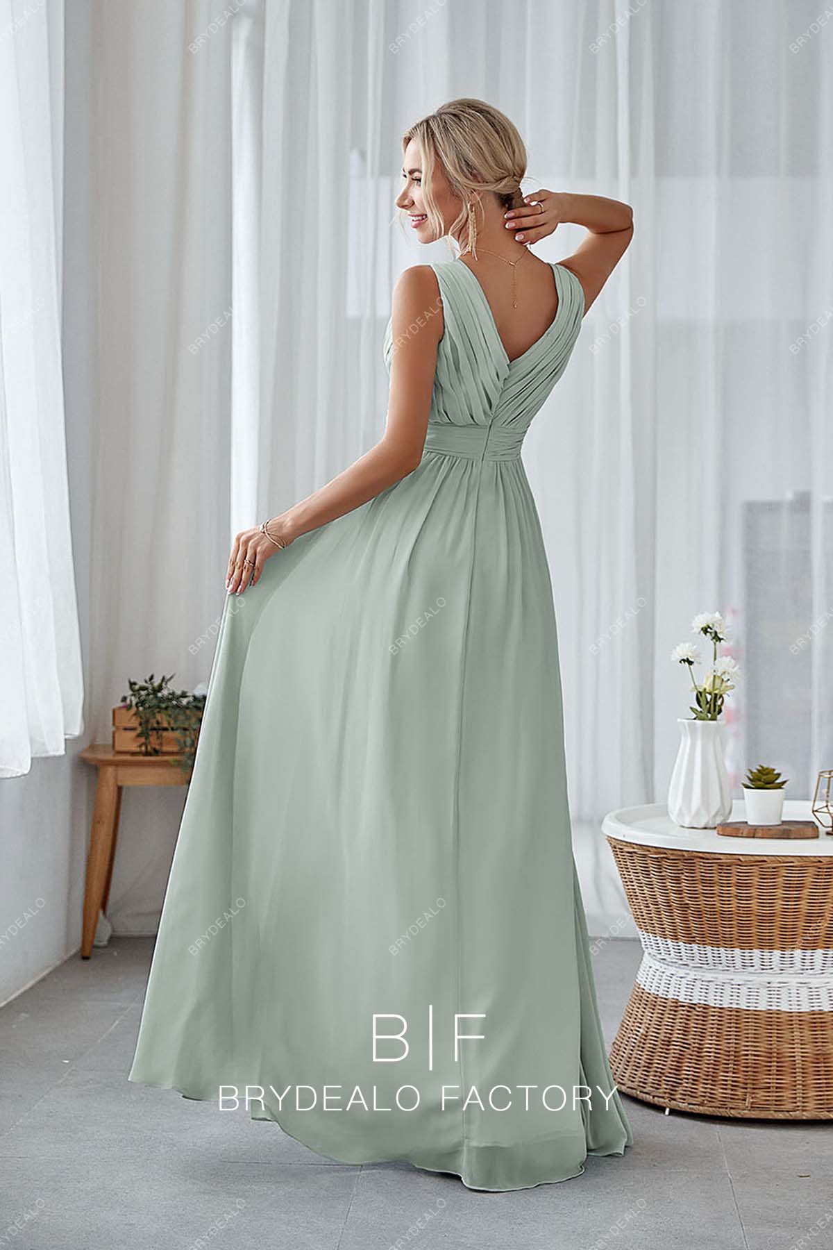 Dusty Sage V-back Sleeveless Chiffon Bridesmaid Dress