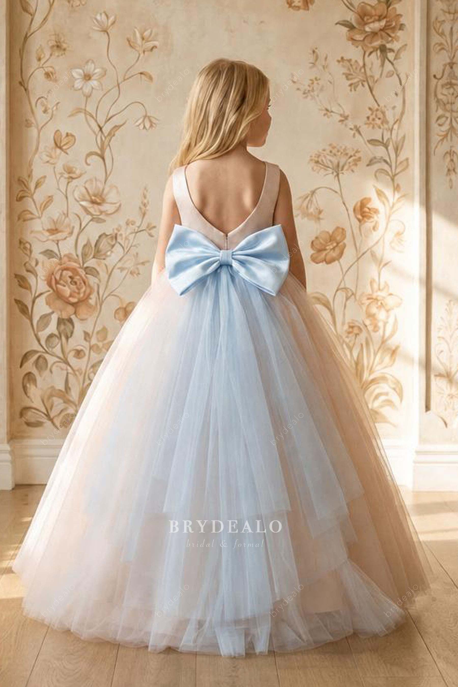 Ice Blue Bow Open back Pearl Pink Tulle Flower Girl Dress