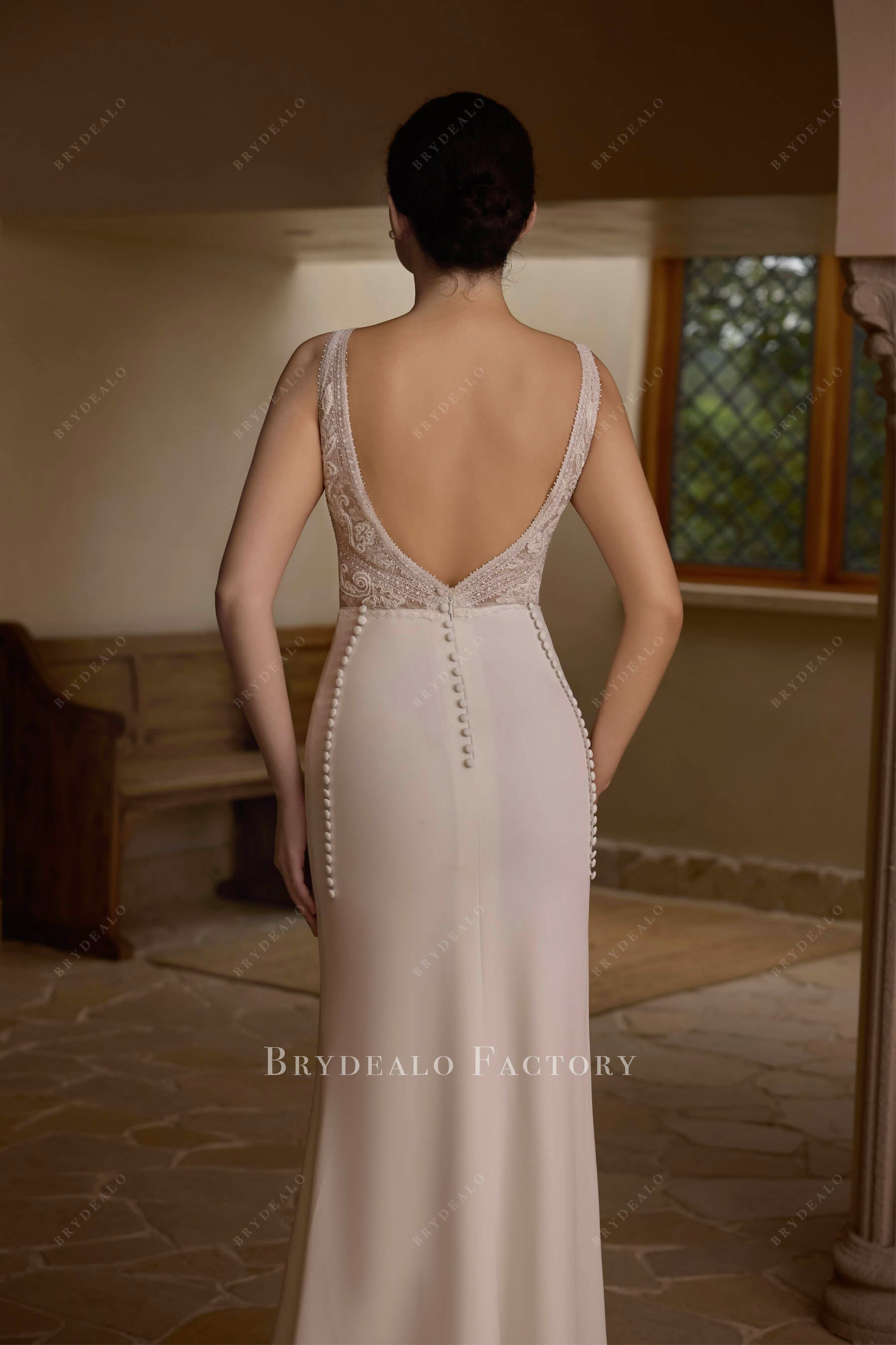Modern Removable Buttoned Crepe Overskirt Wedding Dress