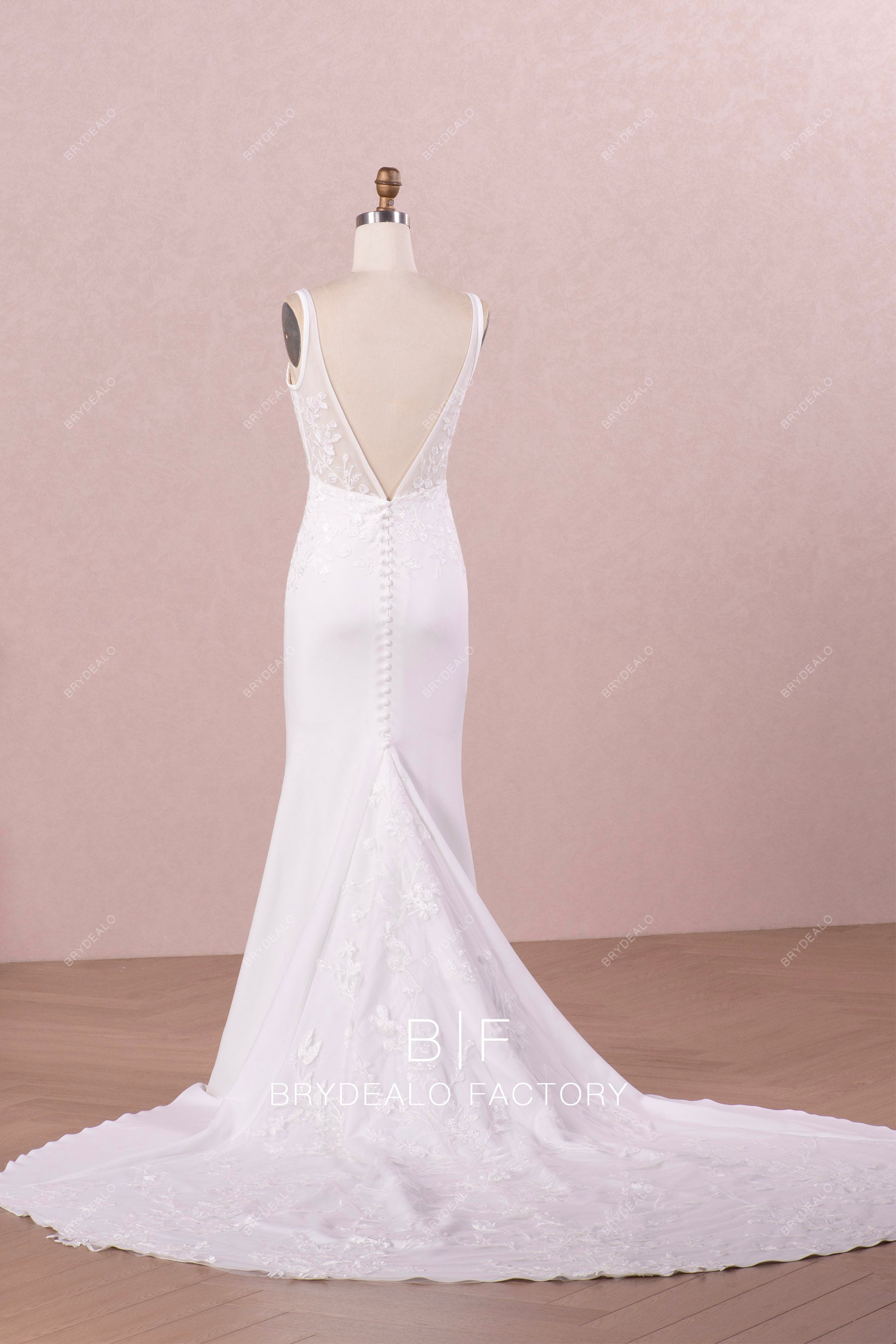 V-back long mermaid lace crepe bridal gown