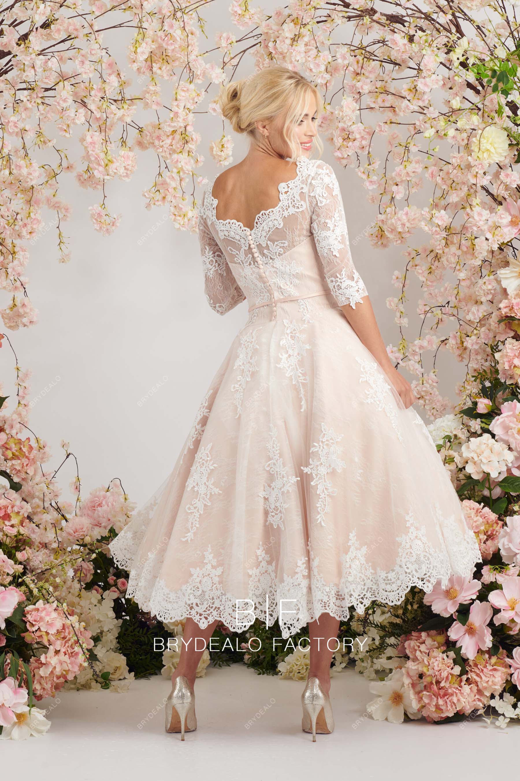V-back tea length lace blush bridal dress
