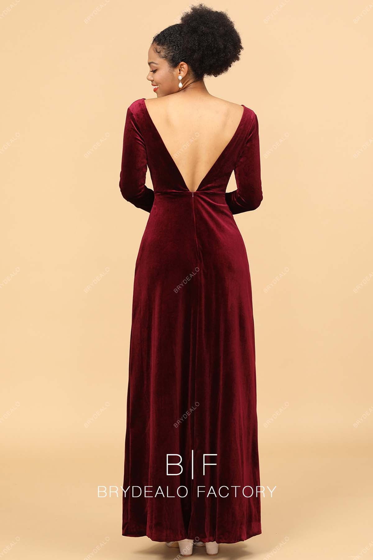 open back red velvet A-line bridesmaid dress