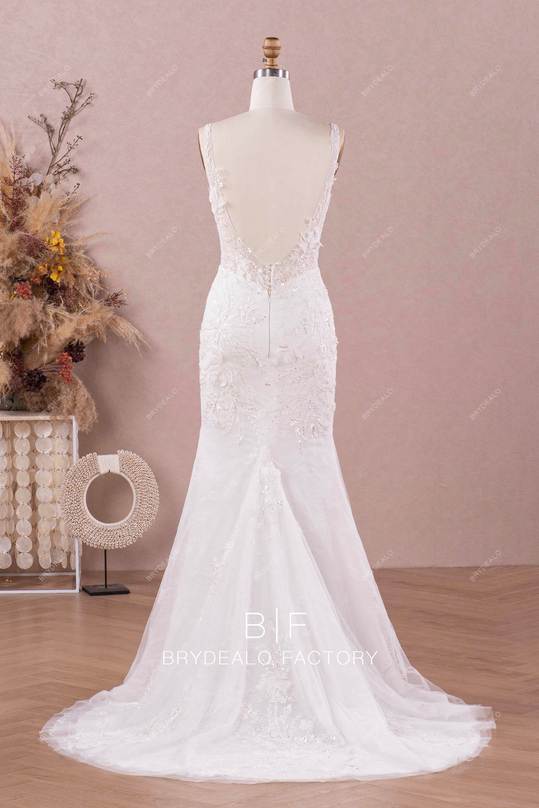 V-cut back godet train wedding dress