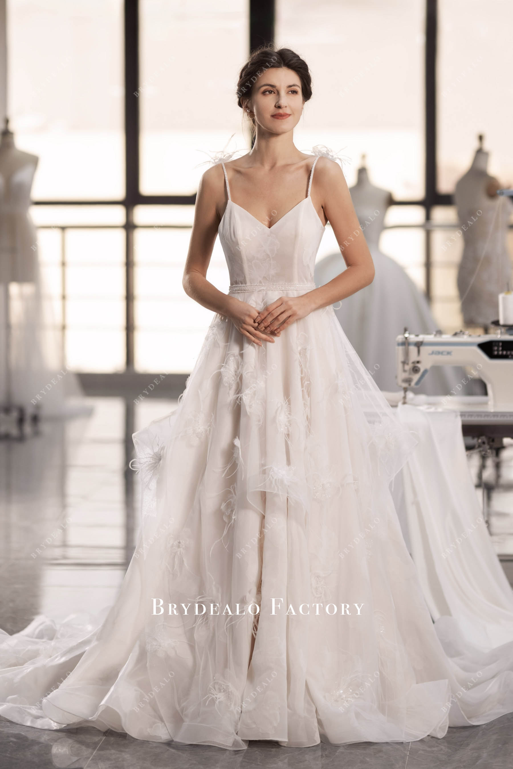 V-cut neck Aline velvet wedding gown