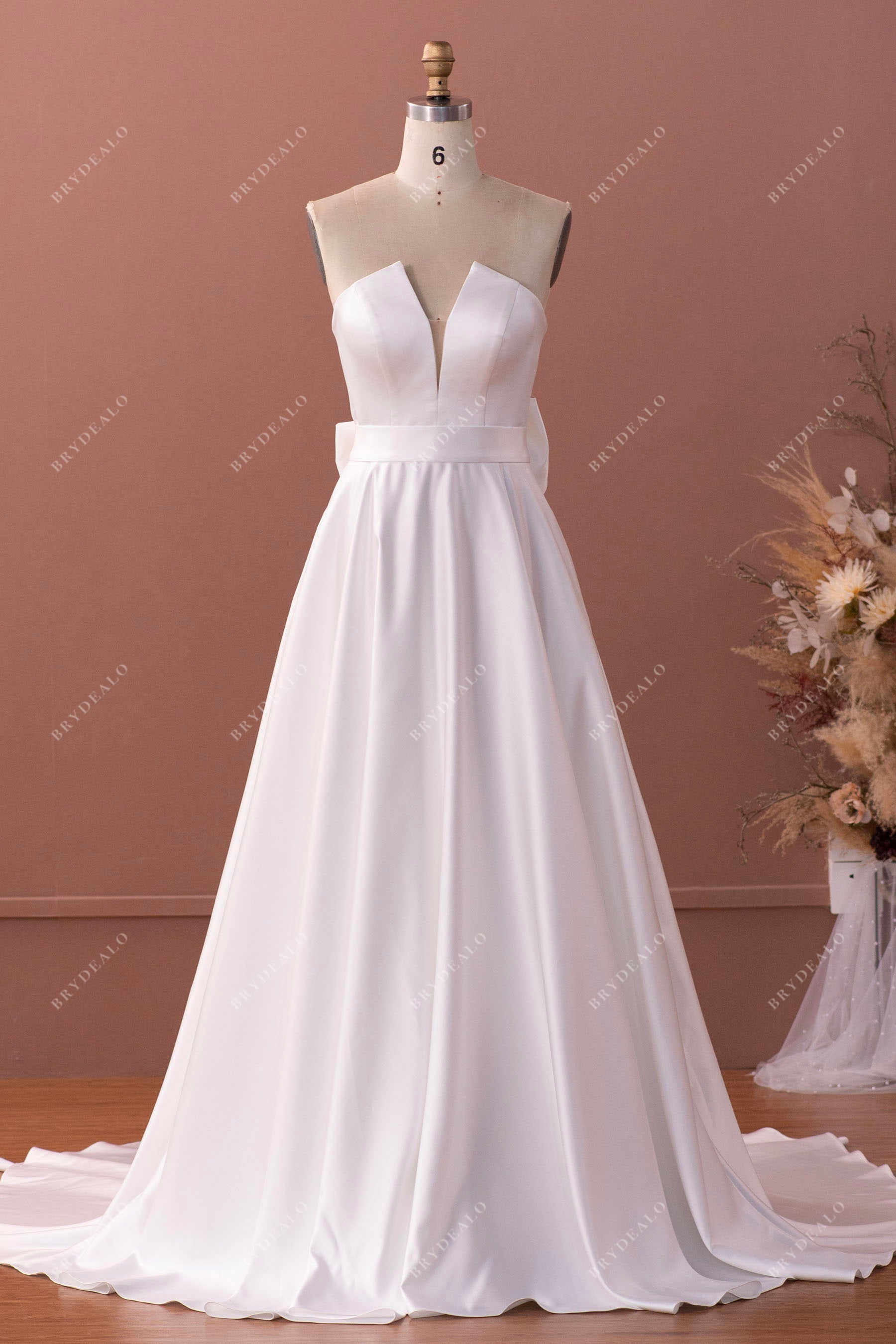 V-neck A-line satin wedding dress