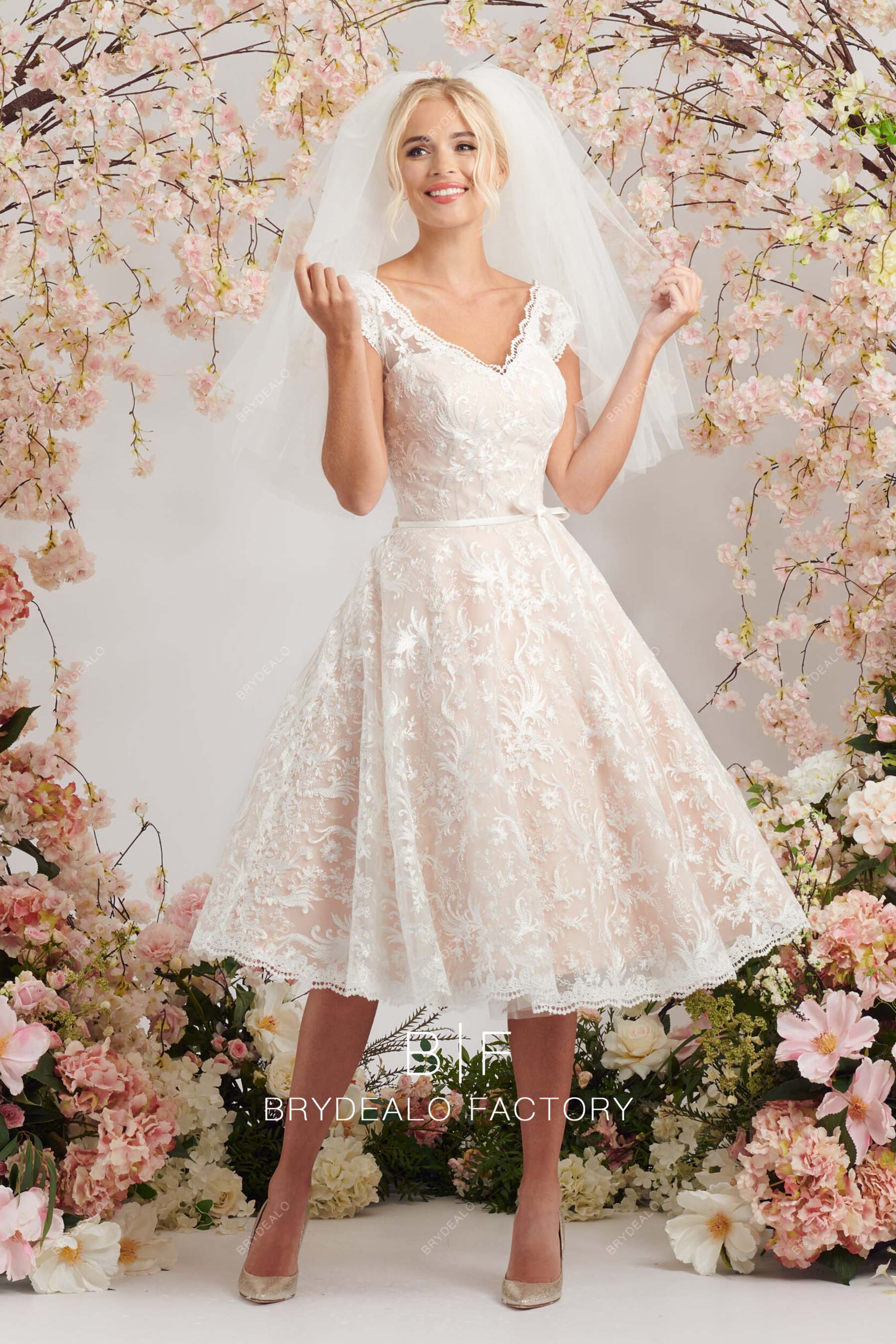V-neck cap sleeves lace blush wedding gown