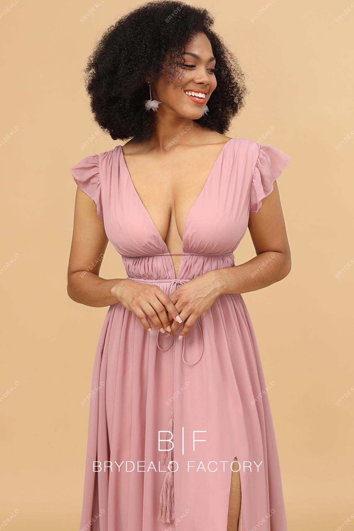 V-neck chiffon bridesmaid gown
