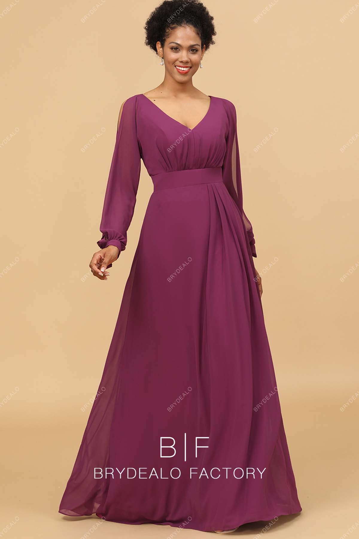 Raspberry Chiffon Slit Long Sleeves V-neck Bridesmaid Dress Raspberry Chiffon Slit Long Sleeves V-neck Bridesmaid Dress