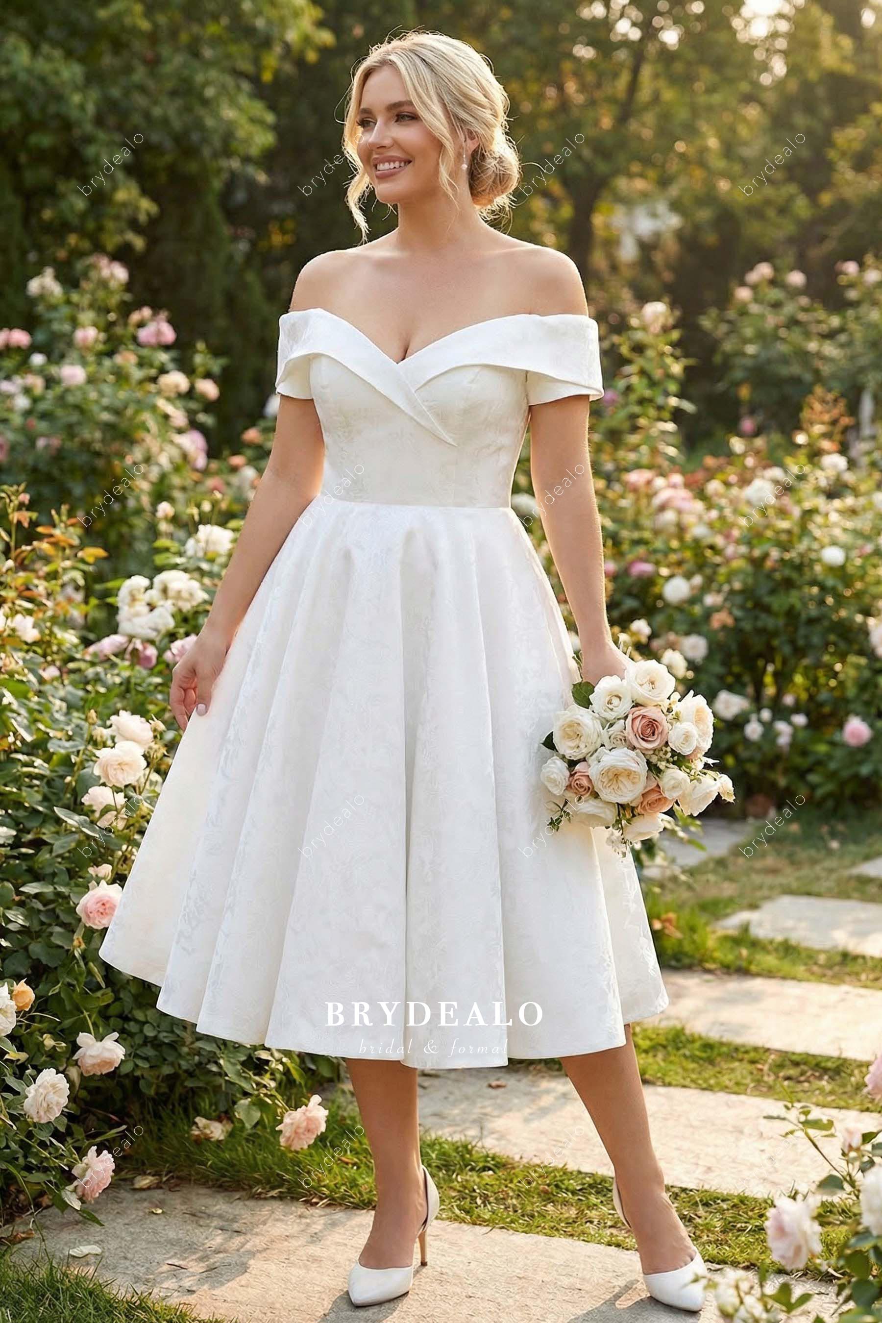 V-neck off shoulder A-line wedding gown