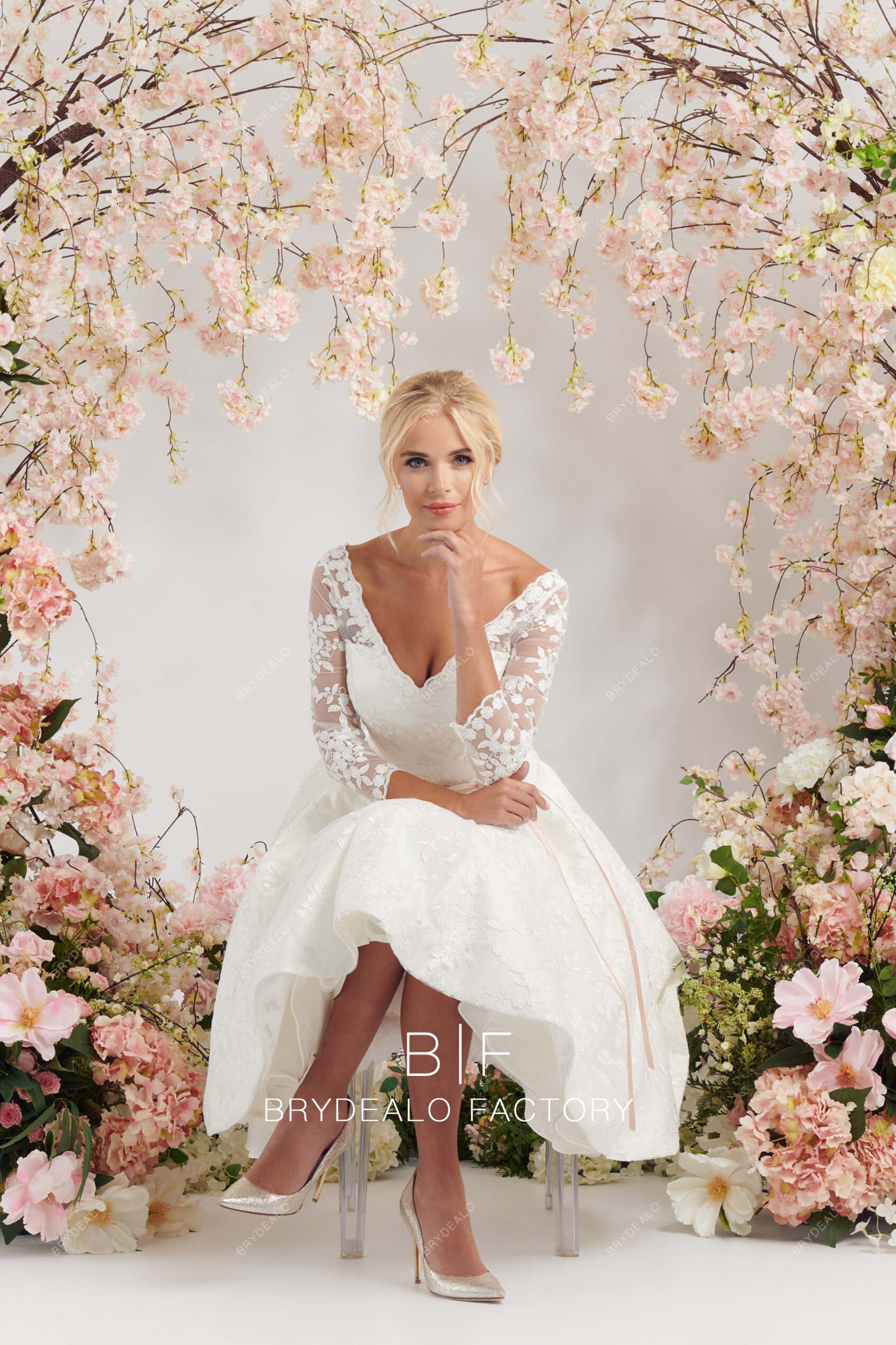 V-neck sheer sleeves sexy wedding dress