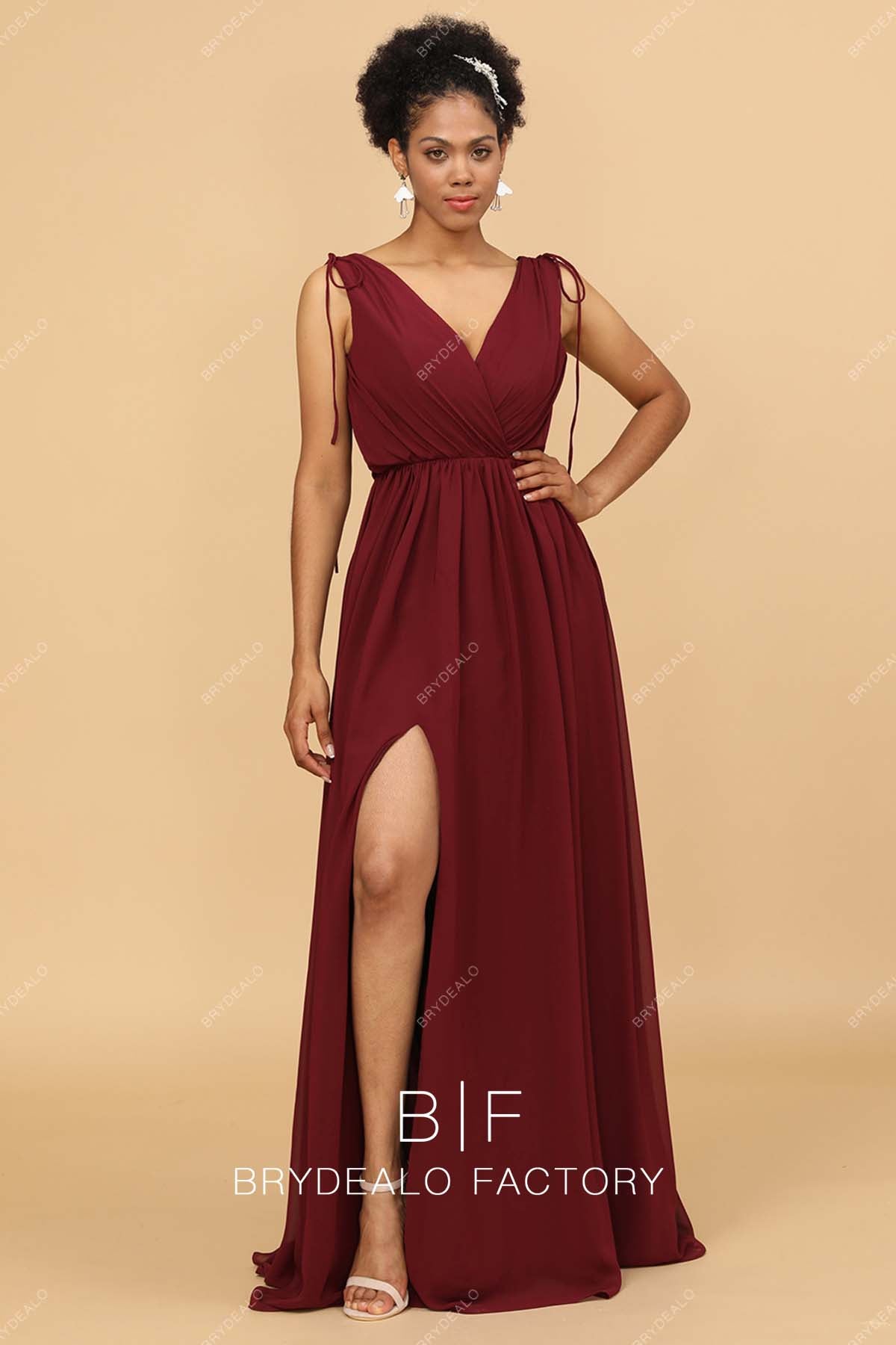 Burgundy Ruched Neck Long Chiffon Slit Bridesmaid Dress
