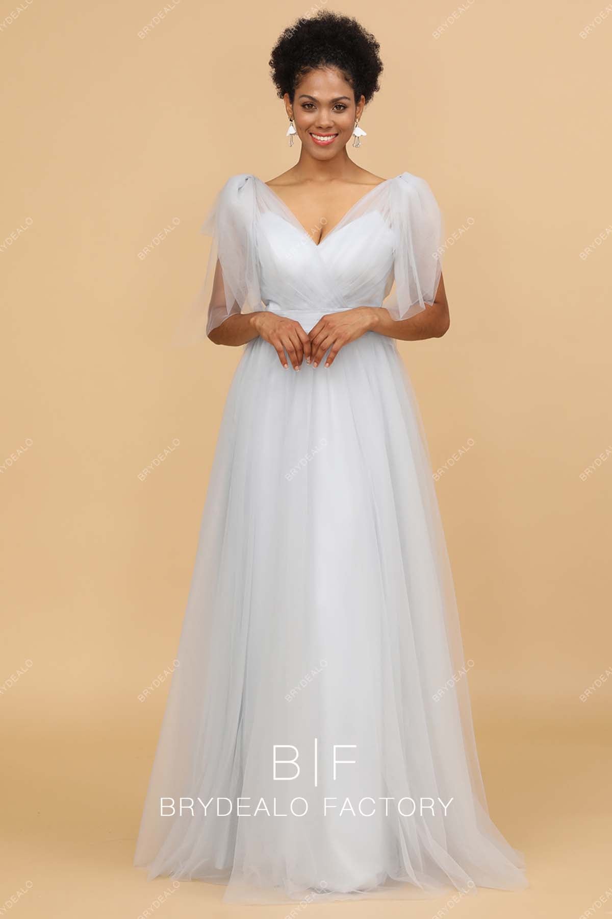 Ice Blue Pleated V-Neck Shoulder Tie Tulle A-Line Bridesmaid Gown