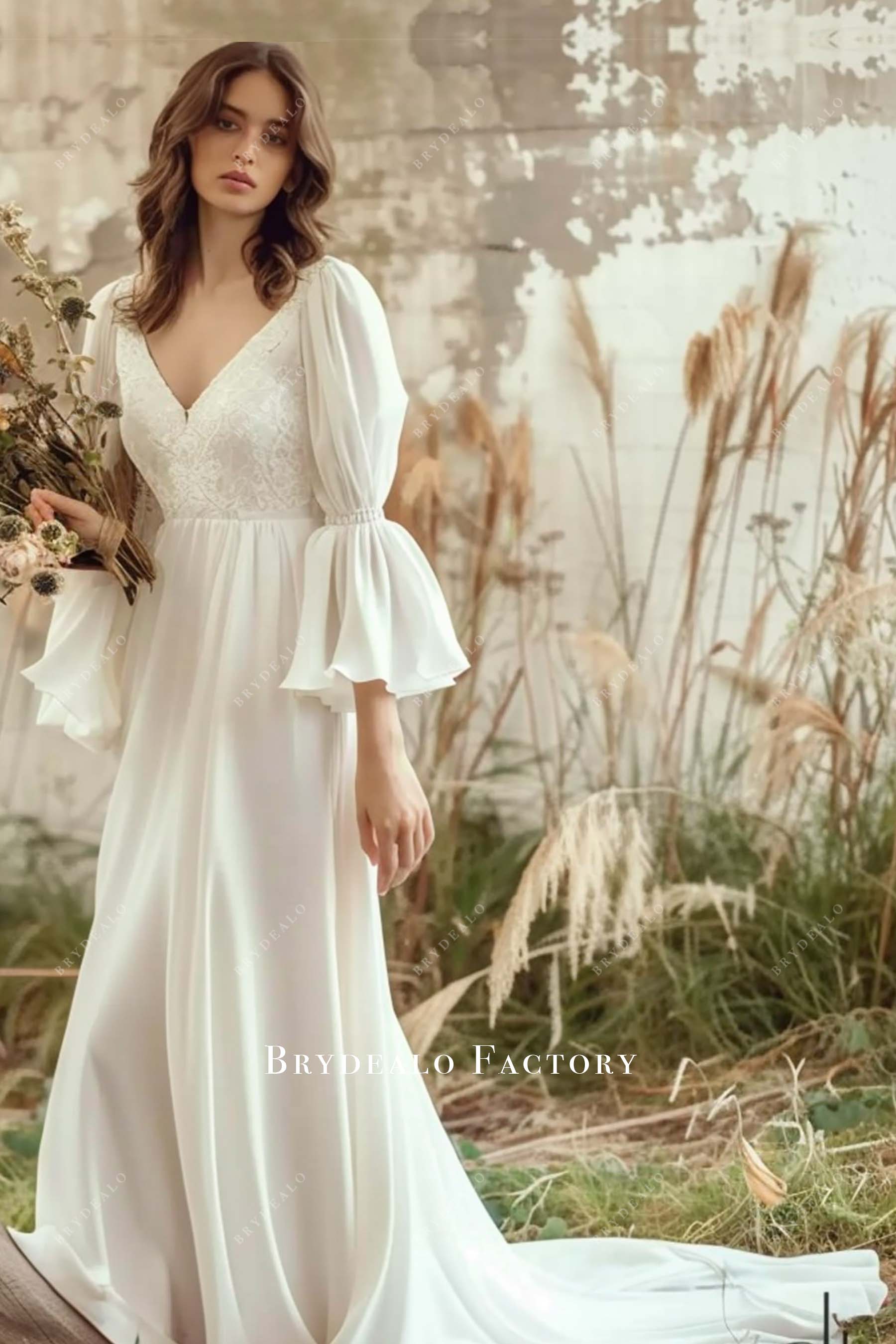 Pretty Lace V-neck Bell Sleeve Destination Bridal Gown