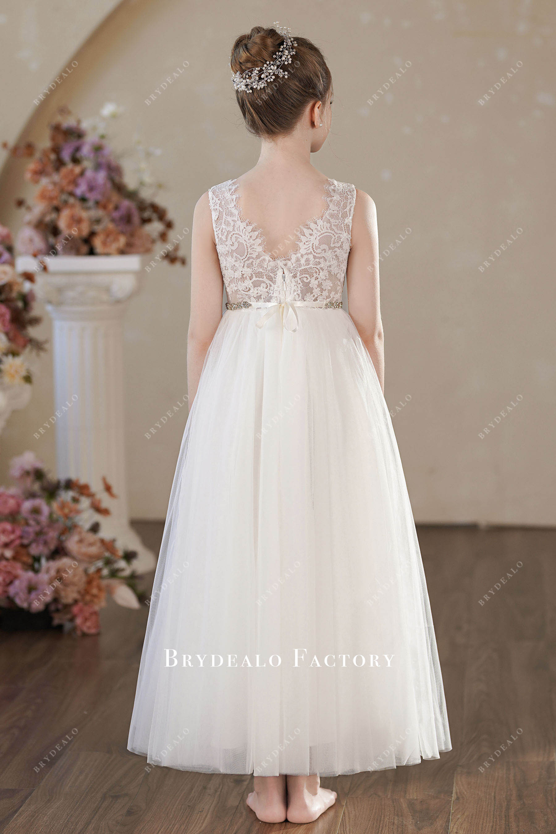 adorable v-cut back ankle length flower girl dress
