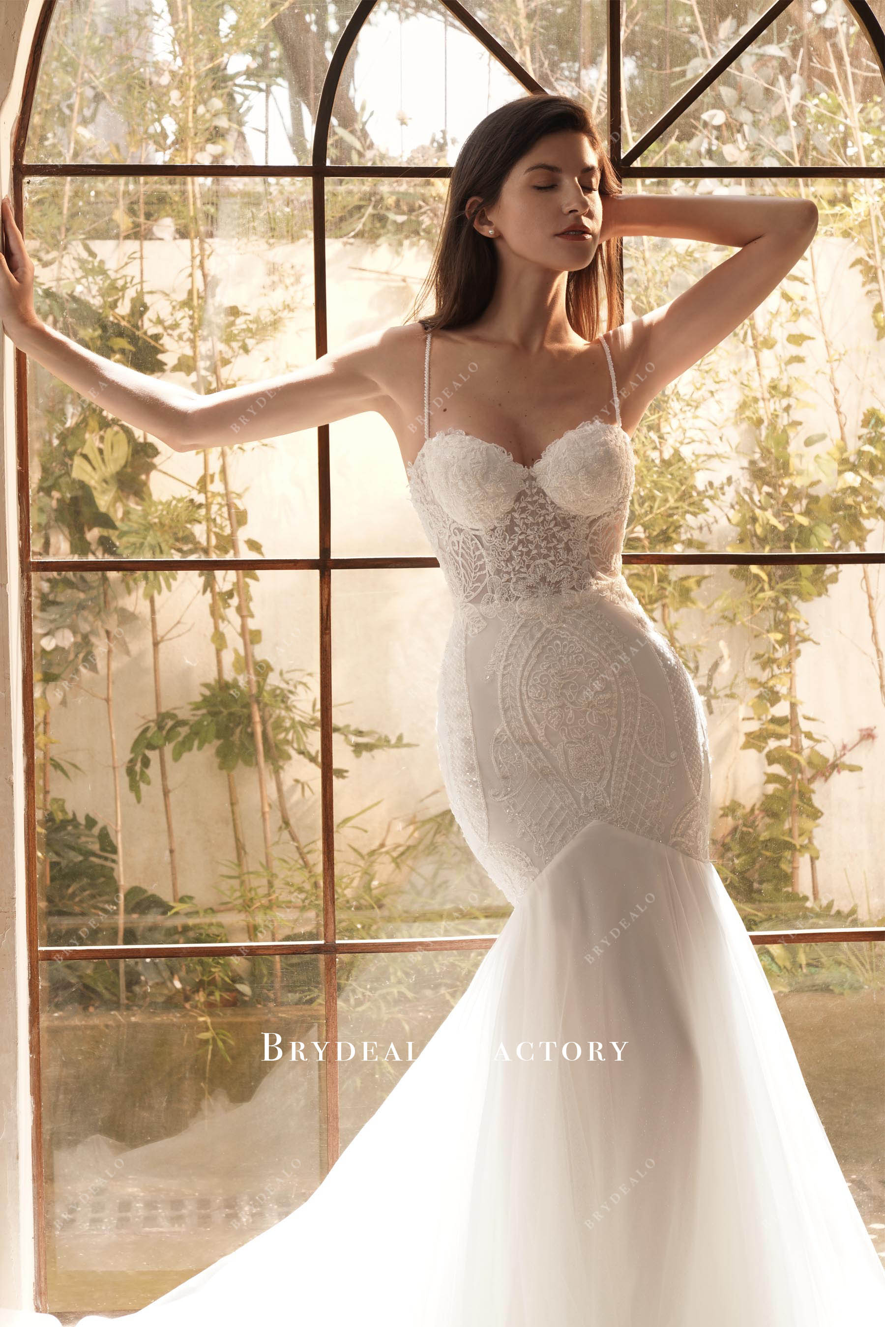 Modern Beaded Lace 3D Flower Ruffled Train Wedding Dress Modern Beaded Lace 3D Flower Ruffled Train Wedding Dress