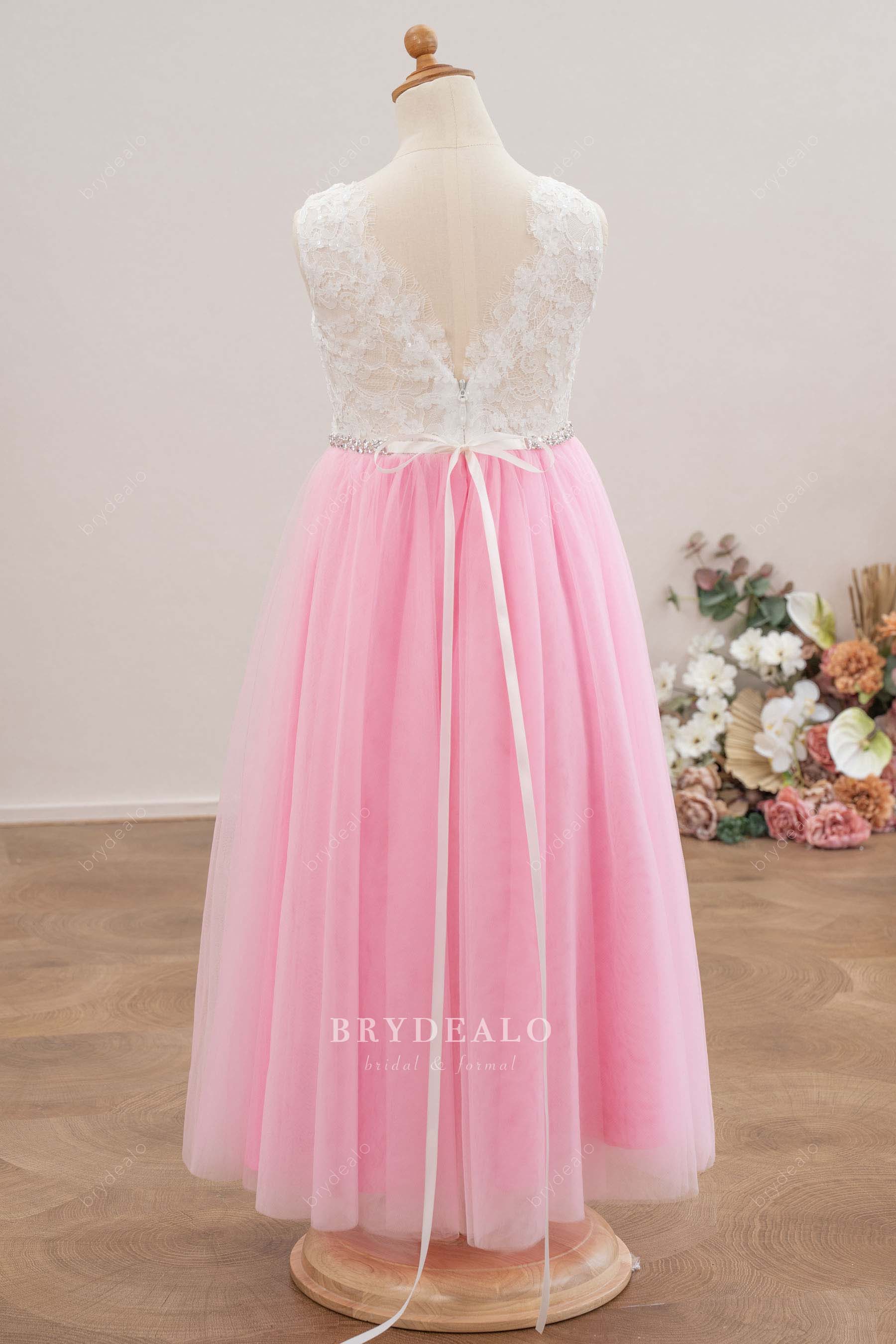 ankle length lace tulle flower girl dress