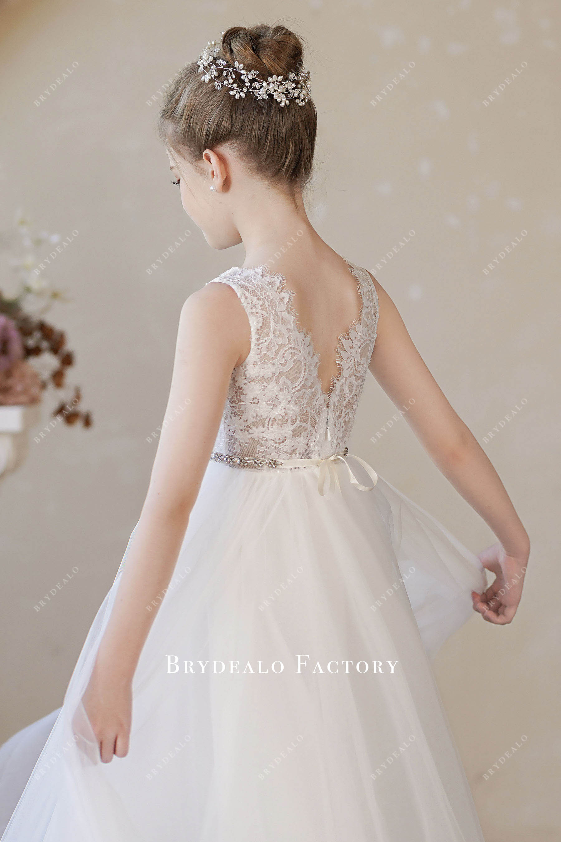 ankle length lace tulle flower girl dress